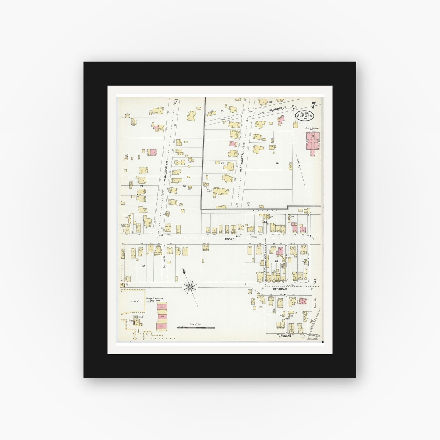 Old map wall art mockup — black gallery frame with white mat — Sanborn Fire Insurance Map from Aurora, Dearborn County, Indiana (1906), Sheet #0007