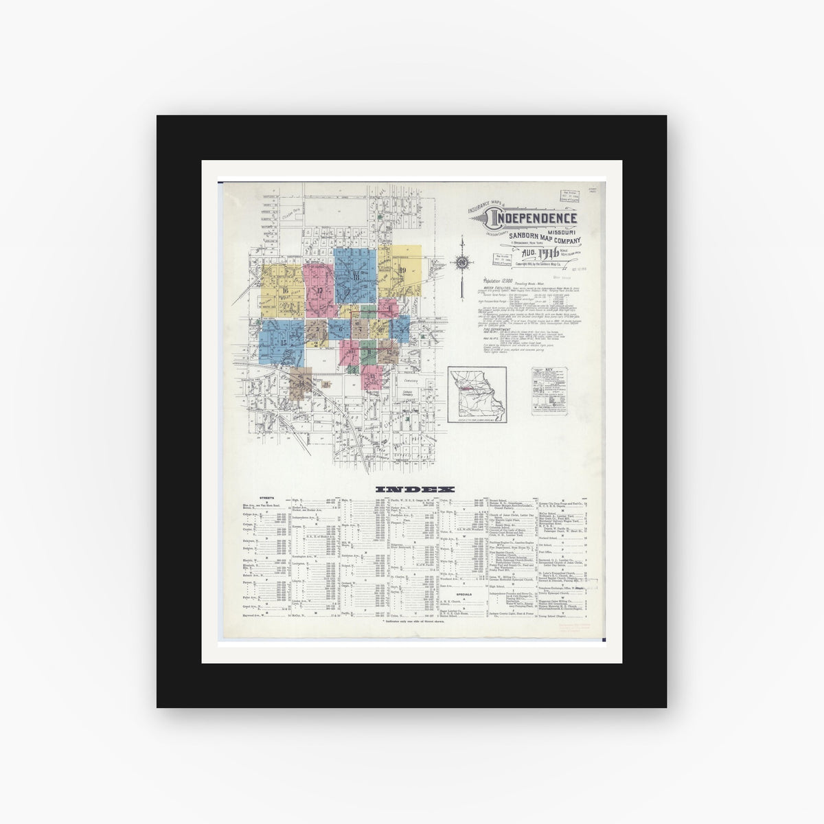 Old map wall art mockup — black gallery frame with white mat — Sanborn Fire Insurance Map from Independence, Jackson County, Missouri (1916), Sheet #0001