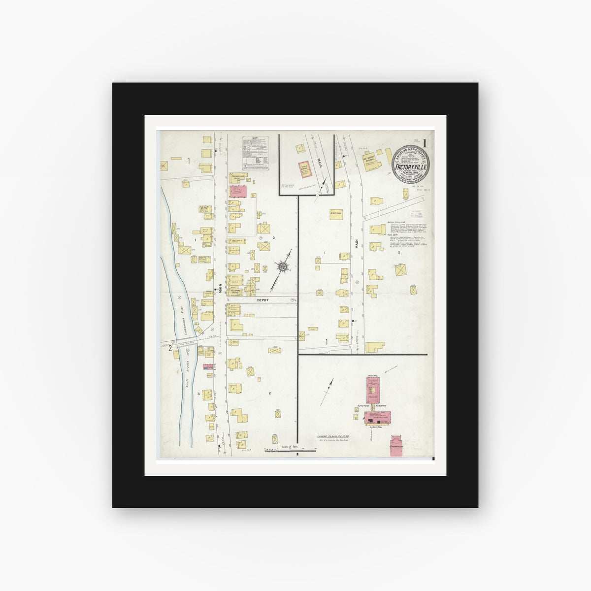 Old map wall art mockup — black gallery frame with white mat — Sanborn Fire Insurance Map from Factoryville, Wyoming County, Pennsylvania (1911), Sheet #0001