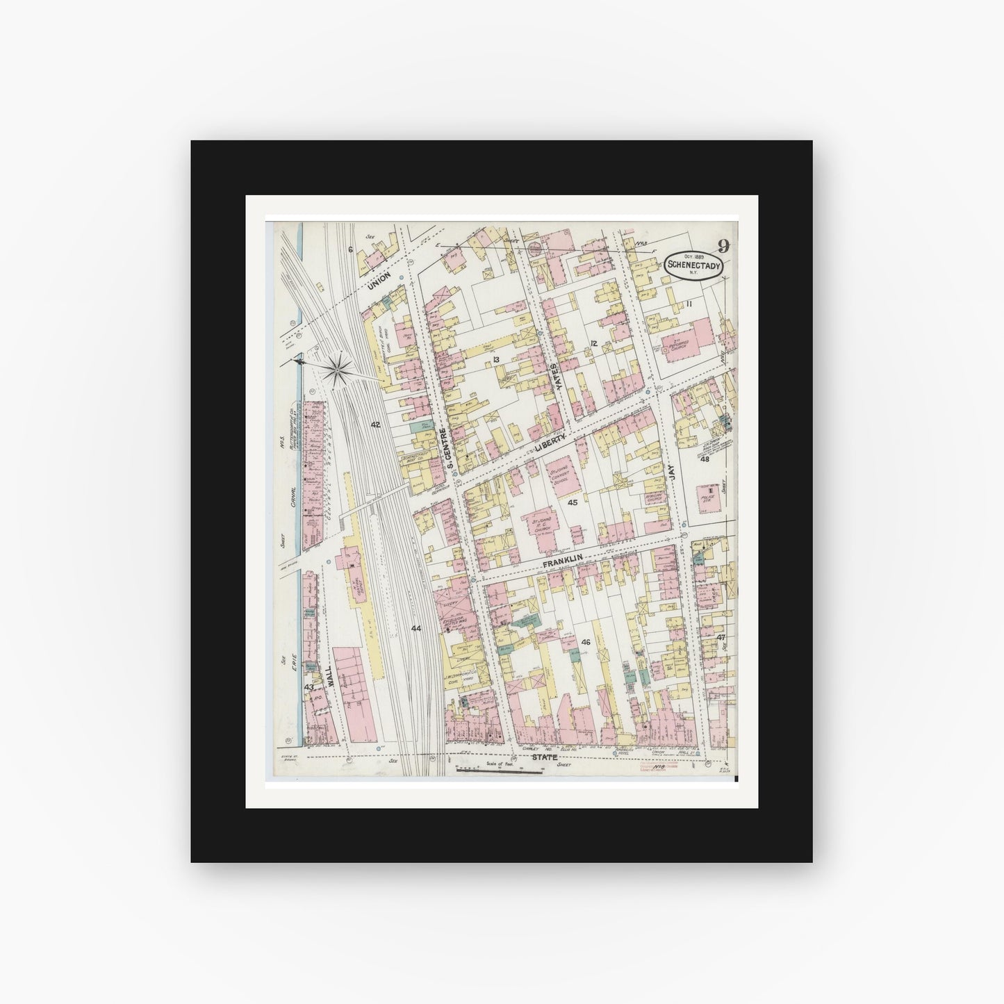 Old map wall art mockup — black gallery frame with white mat — Sanborn Fire Insurance Map from Schenectady, Schenectady County, New York (1889), Sheet #0009