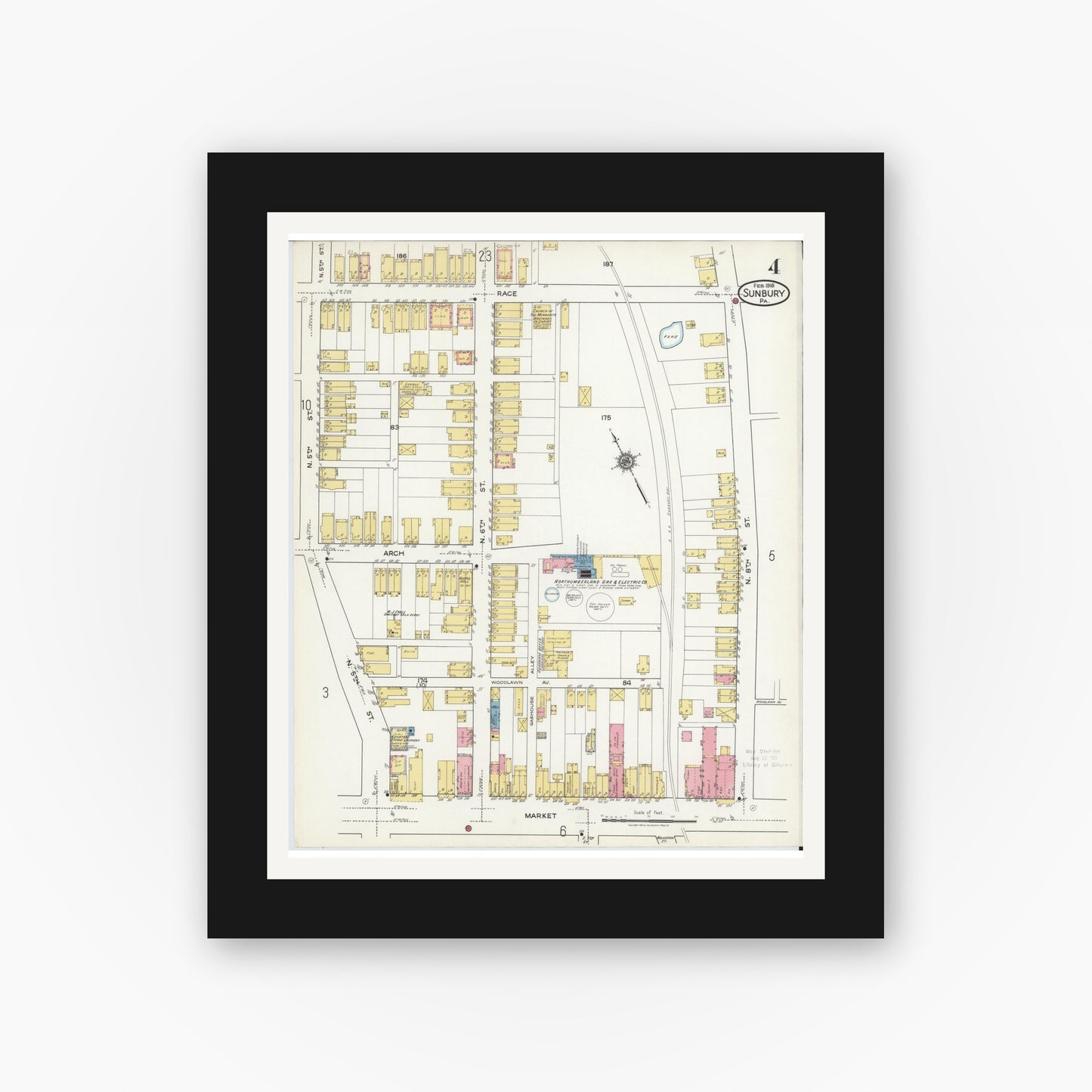 Old map wall art mockup — black gallery frame with white mat — Sanborn Fire Insurance Map from Sunbury, Northumberland County, Pennsylvania (1918), Sheet #0004