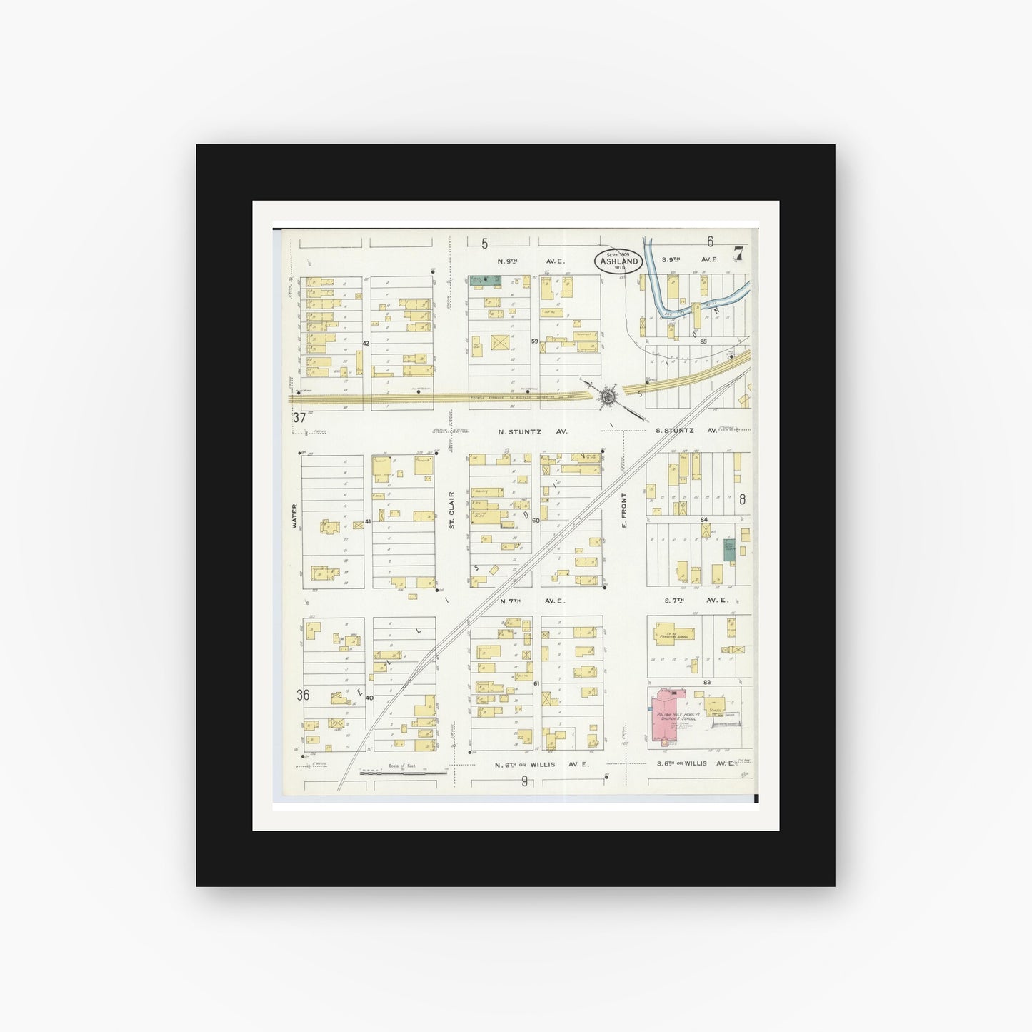 Old map wall art mockup — black gallery frame with white mat — Sanborn Fire Insurance Map from Ashland, Ashland County, Wisconsin (1909), Sheet #0007