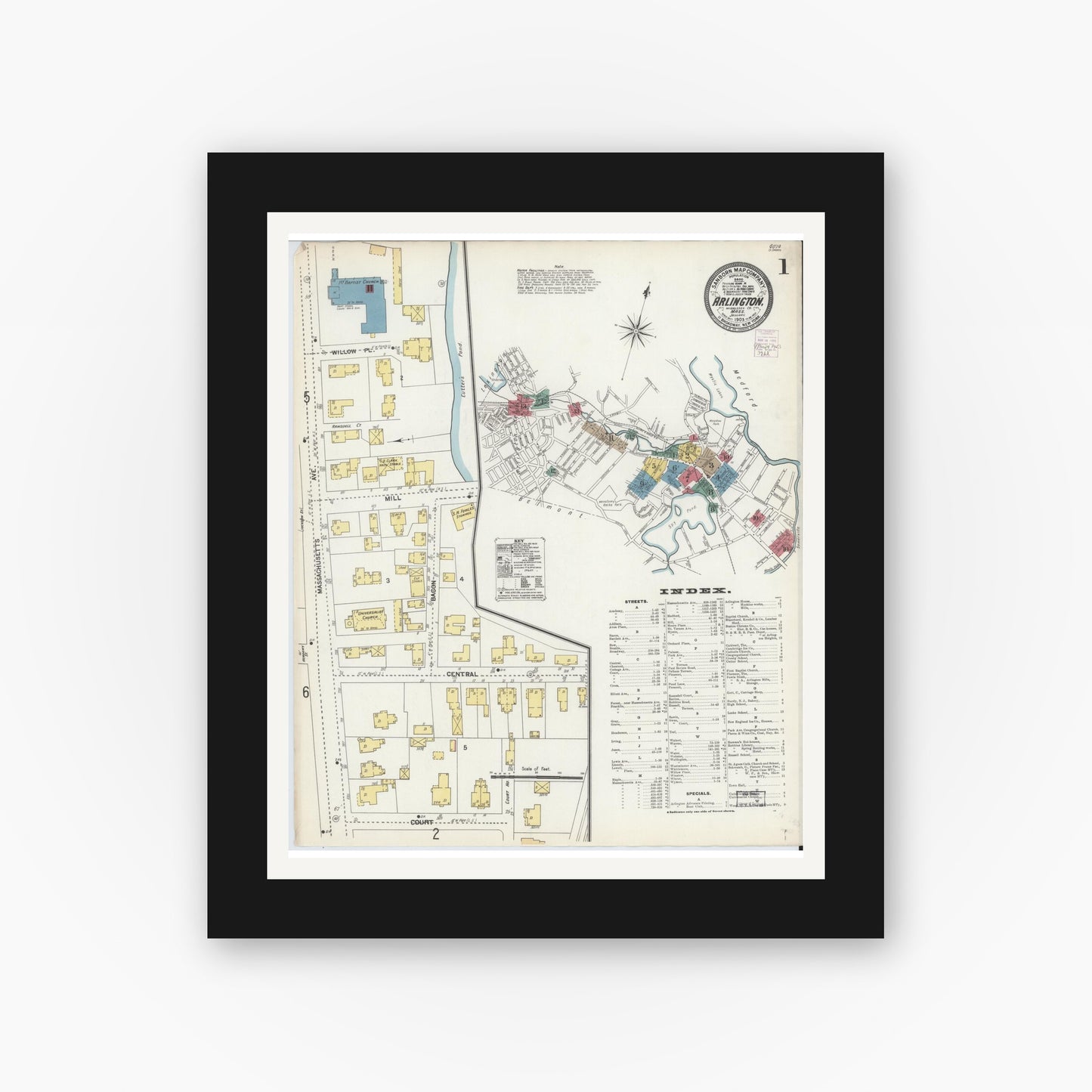 Old map wall art mockup — black gallery frame with white mat — Sanborn Fire Insurance Map from Arlington, Middlesex County, Massachusetts (1903) - Complete Map Set