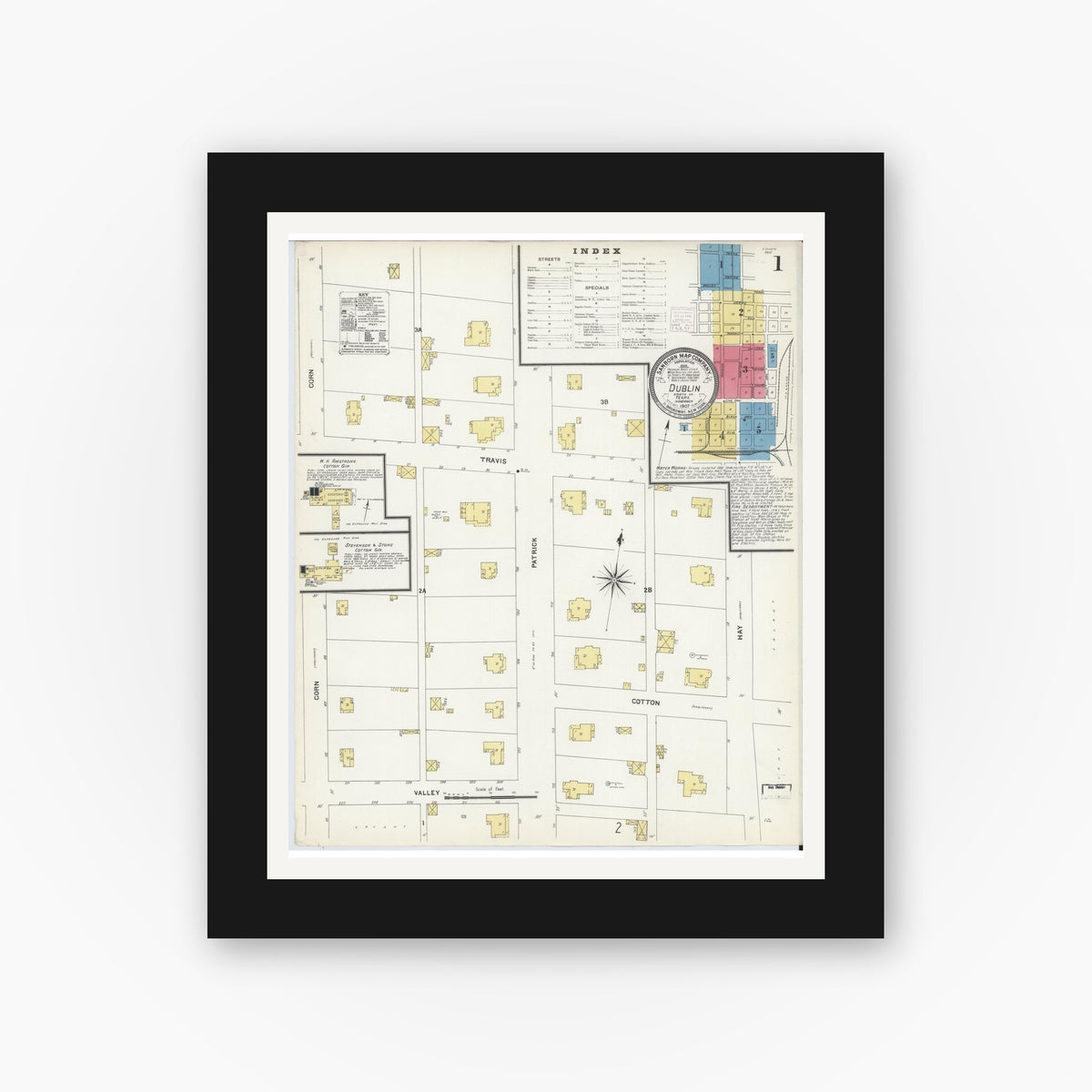 Old map wall art mockup — black gallery frame with white mat — Sanborn Fire Insurance Map from Dublin, Erath County, Texas (1907), Sheet #0001