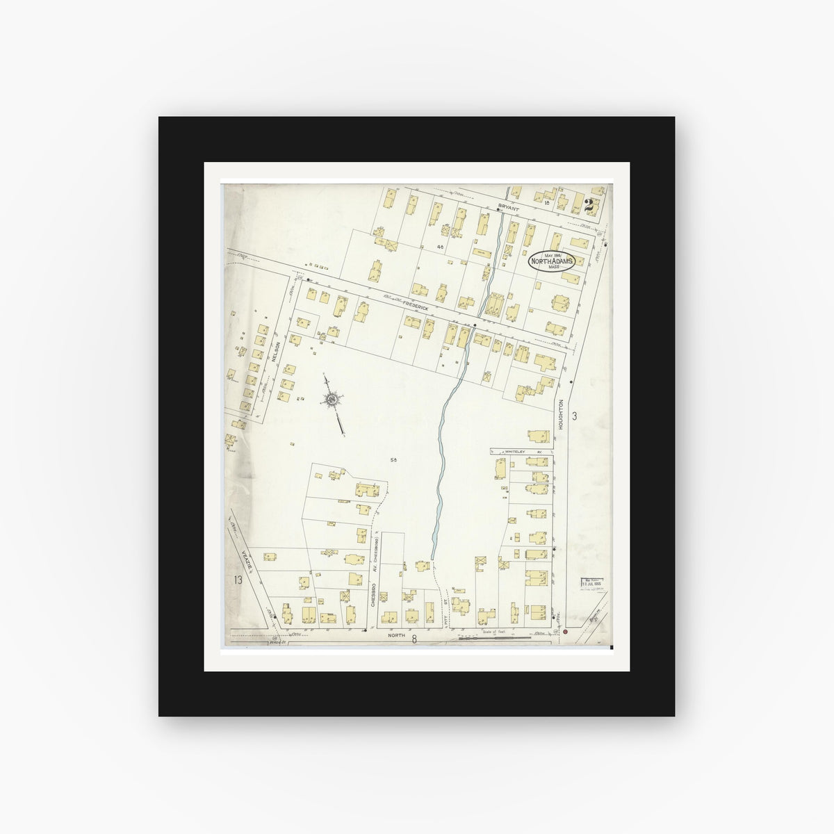 Old map wall art mockup — black gallery frame with white mat — Sanborn Fire Insurance Map from North Adams, Berkshire County, Massachusetts (1914), Sheet #0002