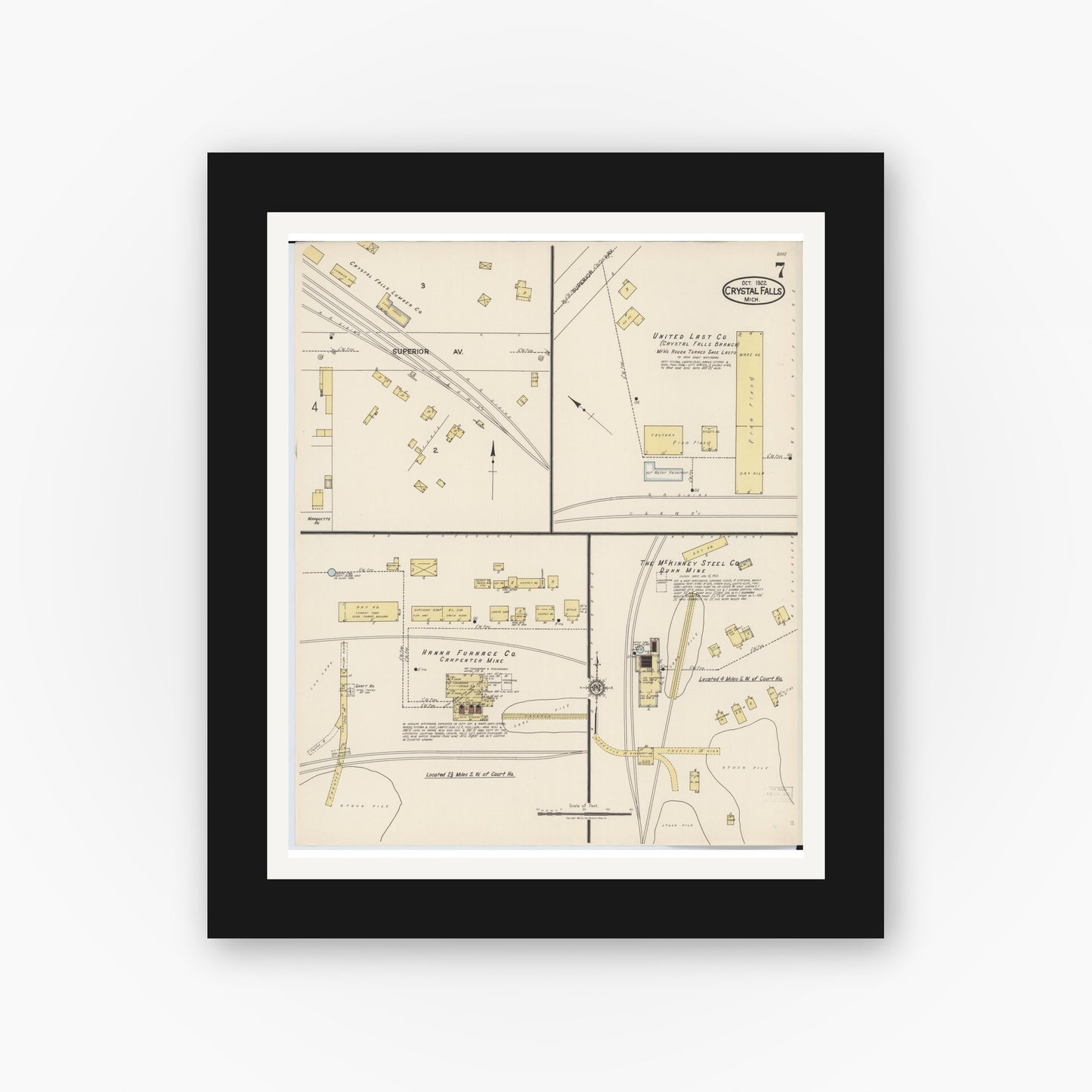 Old map wall art mockup — black gallery frame with white mat — Sanborn Fire Insurance Map from Crystal Falls, Iron County, Michigan (1922), Sheet #0007