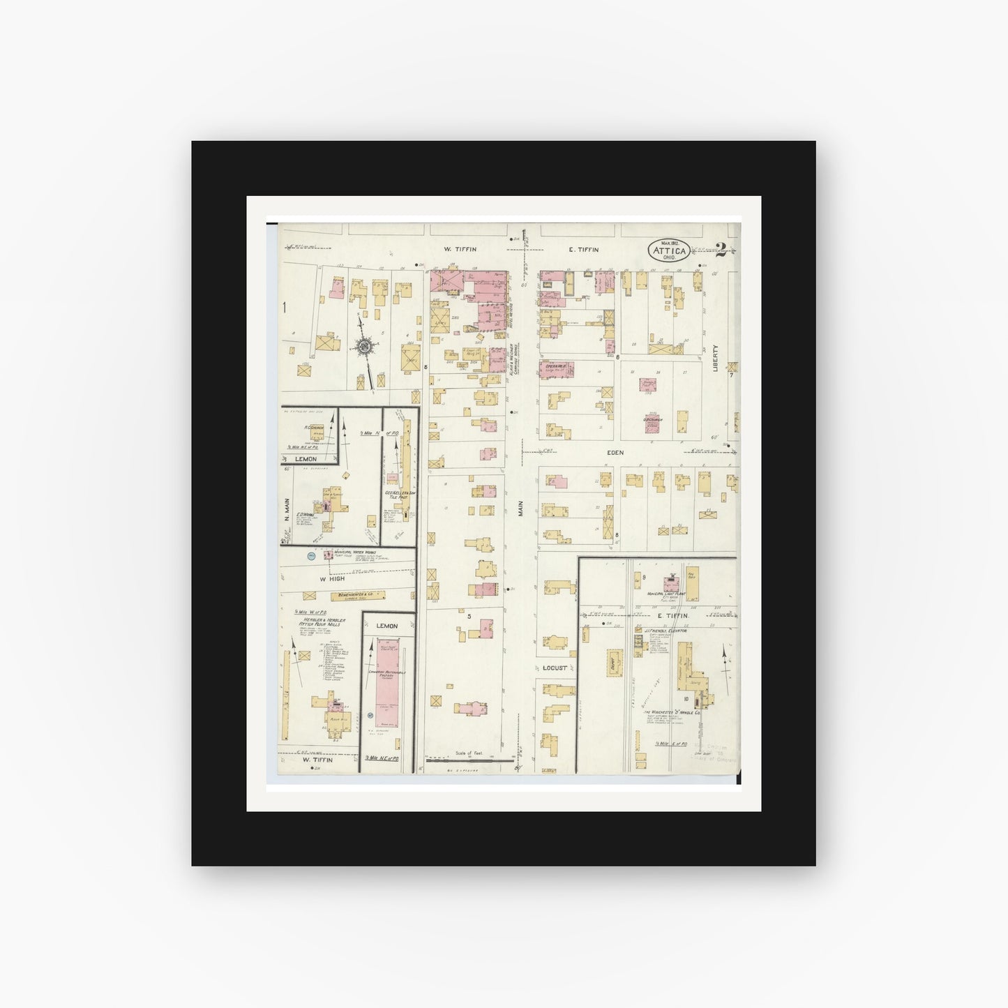 Old map wall art mockup — black gallery frame with white mat — Sanborn Fire Insurance Map from Attica, Seneca County, Ohio (1912), Sheet #0002