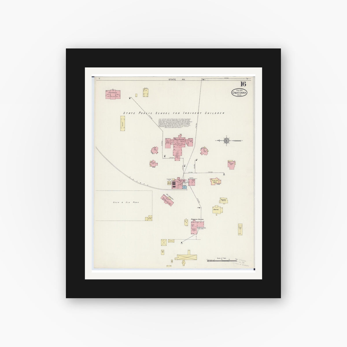 Old map wall art mockup — black gallery frame with white mat — Sanborn Fire Insurance Map from Owatonna, Steele County, Minnesota (1915), Sheet #0016