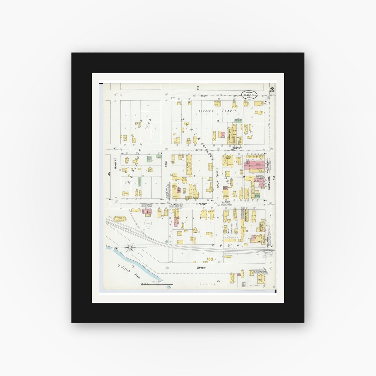 Old map wall art mockup — black gallery frame with white mat — Sanborn Fire Insurance Map from Niles, Berrien County, Michigan (1900), Sheet #0003