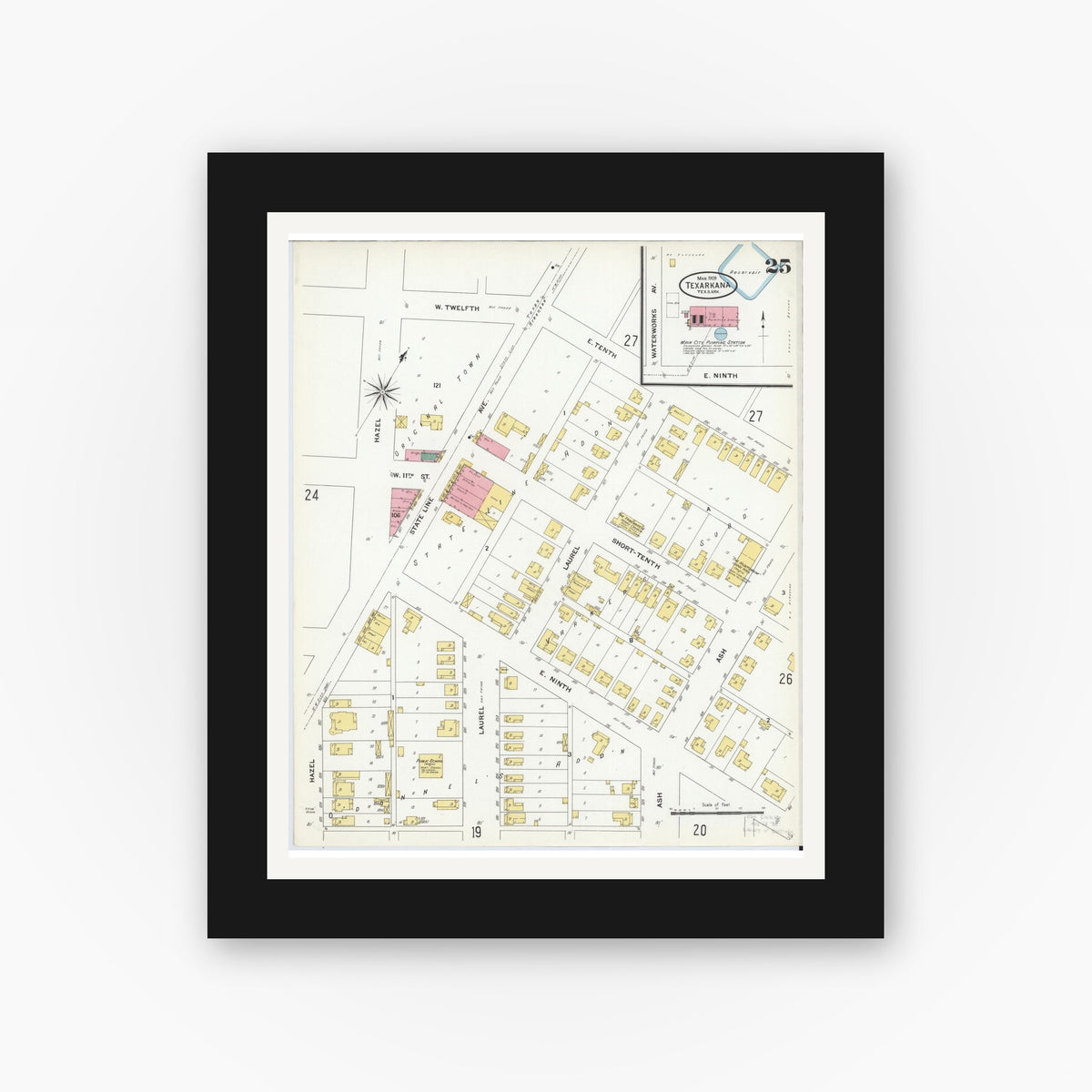 Old map wall art mockup — black gallery frame with white mat — Sanborn Fire Insurance Map from Texarkana, Bowie County, Texas (1909), Sheet #0025