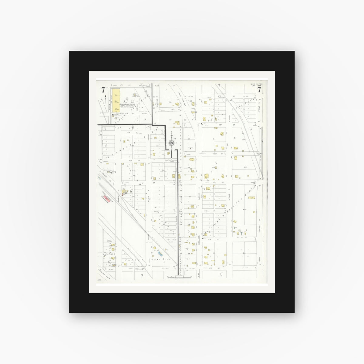 Old map wall art mockup — black gallery frame with white mat — Sanborn Fire Insurance Map from Snyder, Scurry County, Texas (1936), Sheet #0007