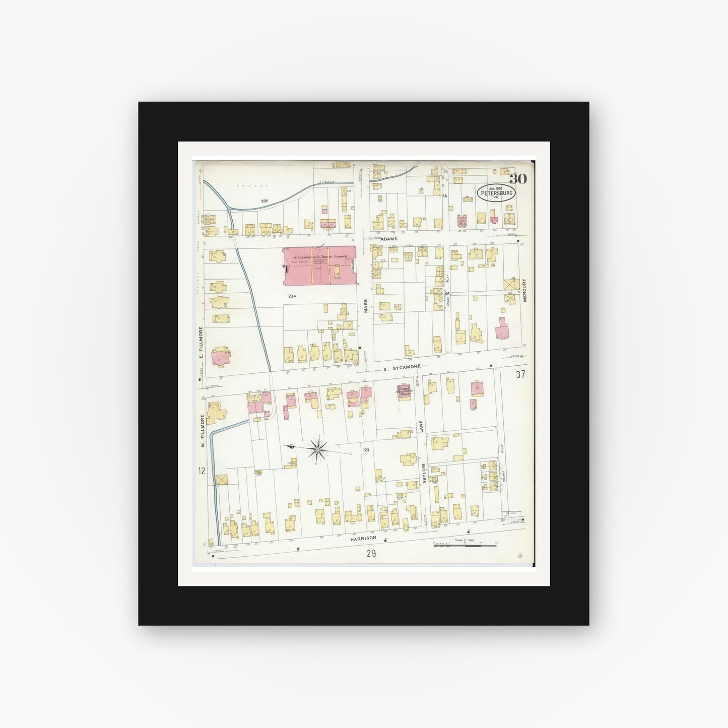 Old map wall art mockup — black gallery frame with white mat — Sanborn Fire Insurance Map from Petersburg, Independent Cities, Virginia (1908), Sheet #0030