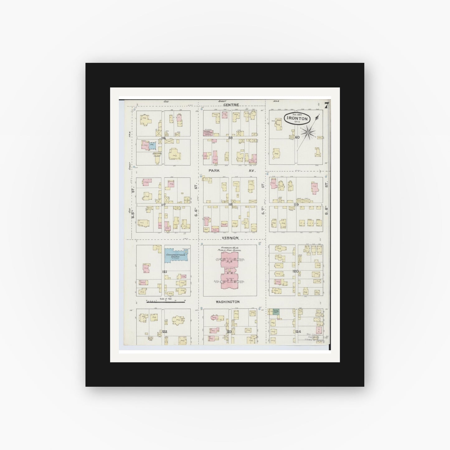 Old map wall art mockup — black gallery frame with white mat — Sanborn Fire Insurance Map from Ironton, Lawrence County, Ohio (1889), Sheet #0007