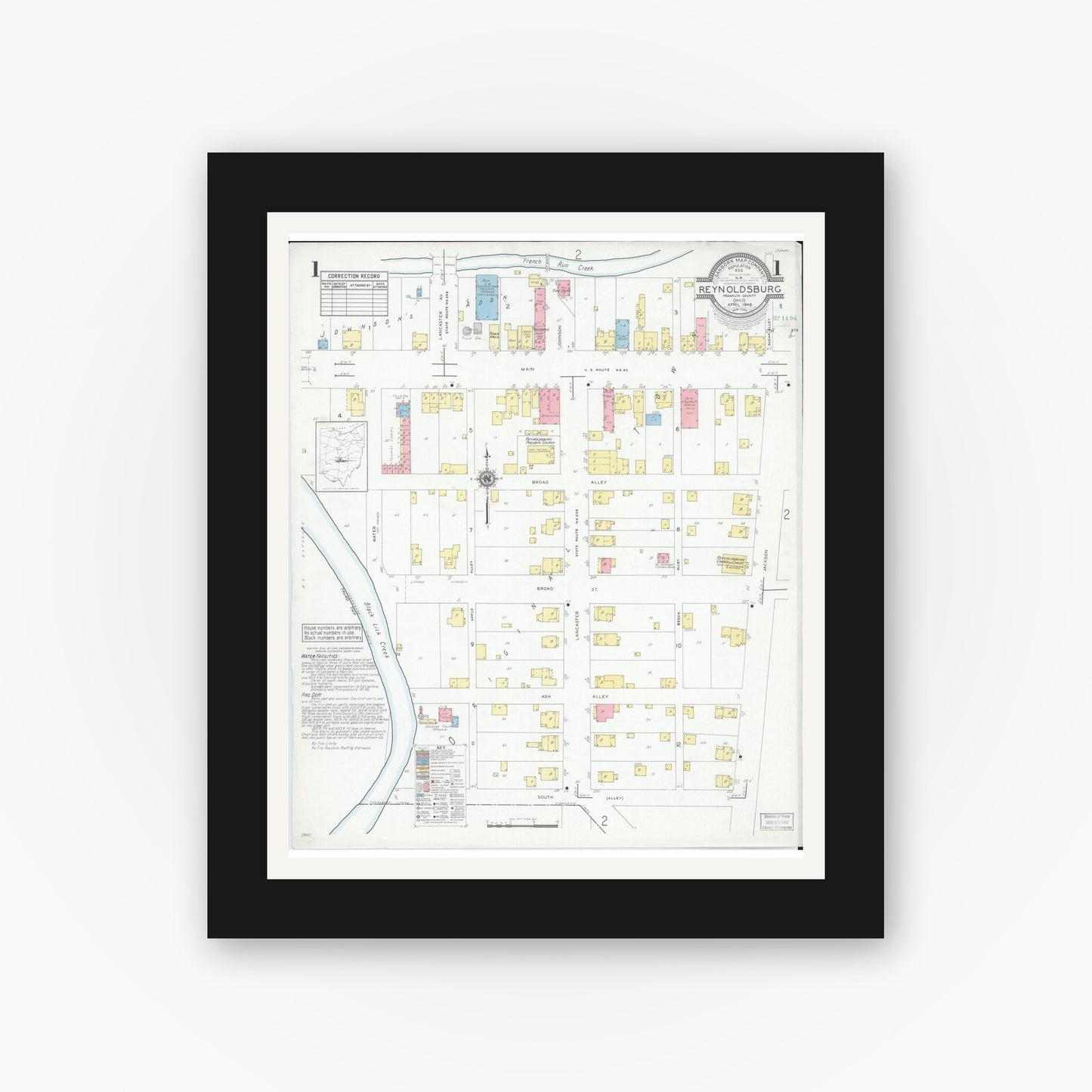 Old map wall art mockup — black gallery frame with white mat — Sanborn Fire Insurance Map from Reynoldsburg, Franklin County, Ohio (1946) - Complete Map Set
