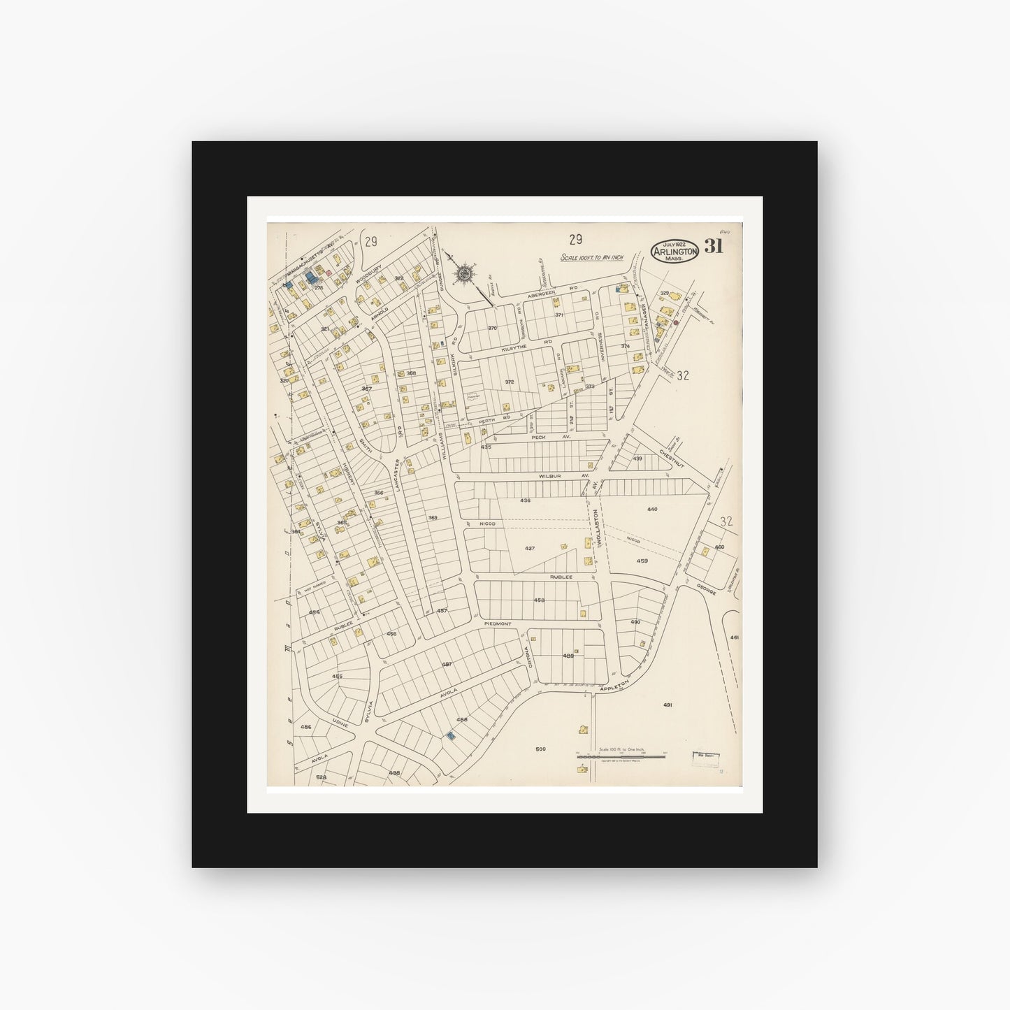Old map wall art mockup — black gallery frame with white mat — Sanborn Fire Insurance Map from Arlington, Middlesex County, Massachusetts (1922), Sheet #0031