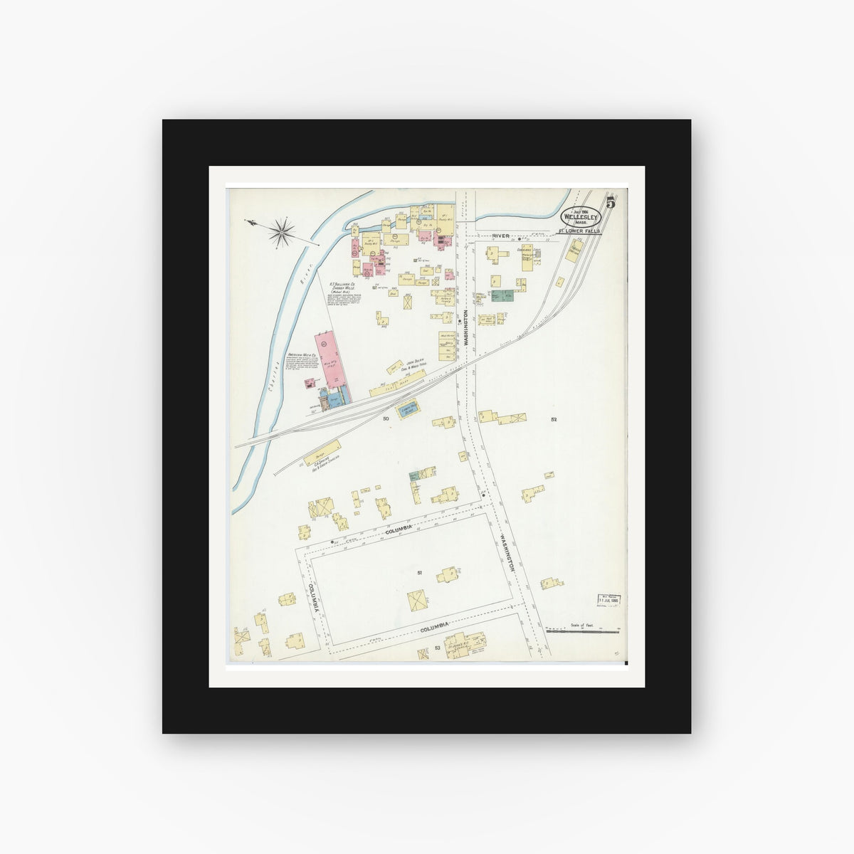 Old map wall art mockup — black gallery frame with white mat — Sanborn Fire Insurance Map from Wellesley, Norfolk County, Massachusetts (1906), Sheet #0005