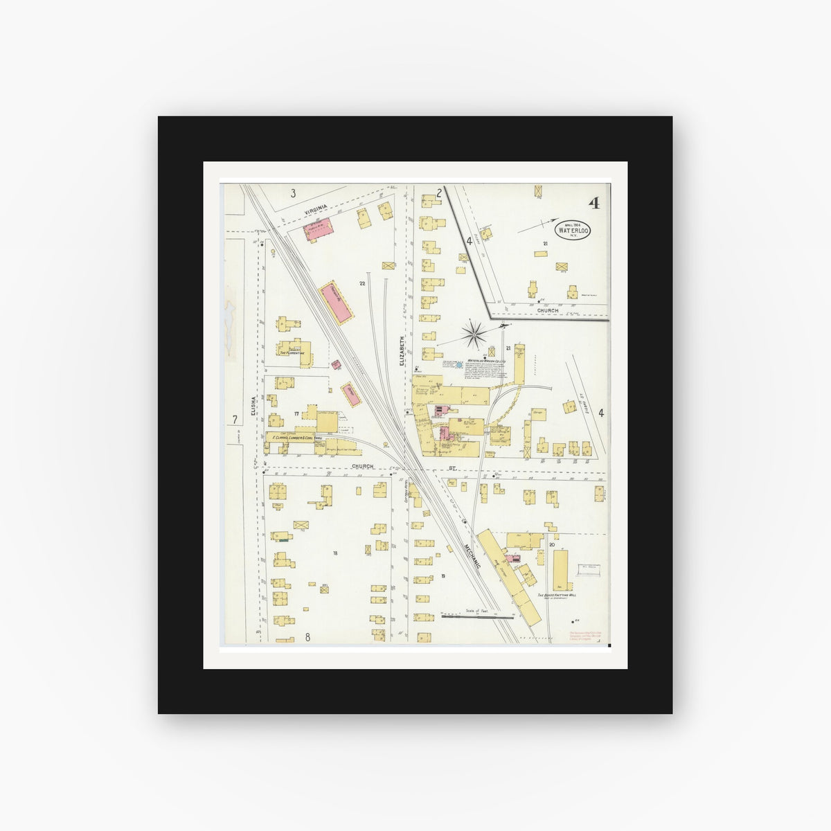 Old map wall art mockup — black gallery frame with white mat — Sanborn Fire Insurance Map from Waterloo, Seneca County, New York (1904), Sheet #0004