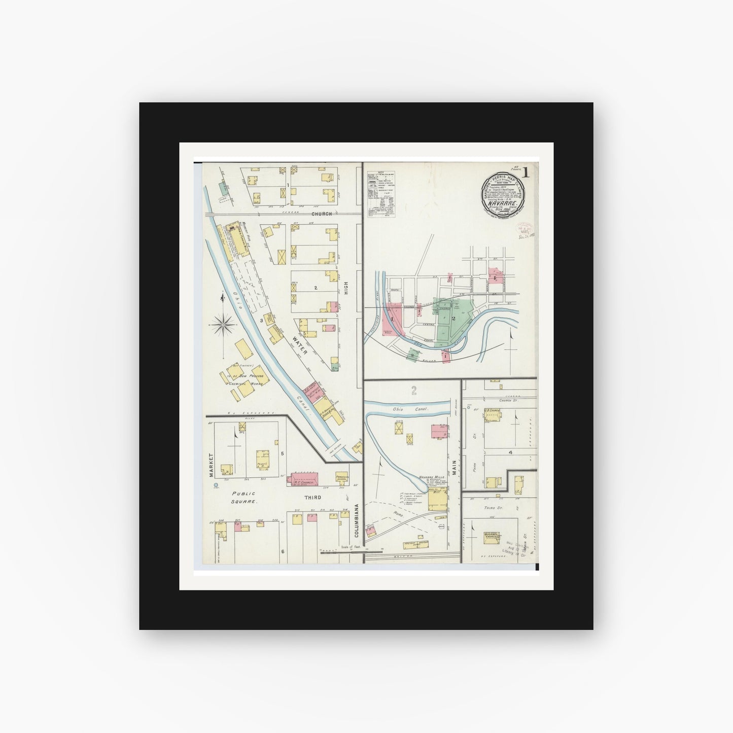 Old map wall art mockup — black gallery frame with white mat — Sanborn Fire Insurance Map from Navarre, Stark County, Ohio (1895), Sheet #0001
