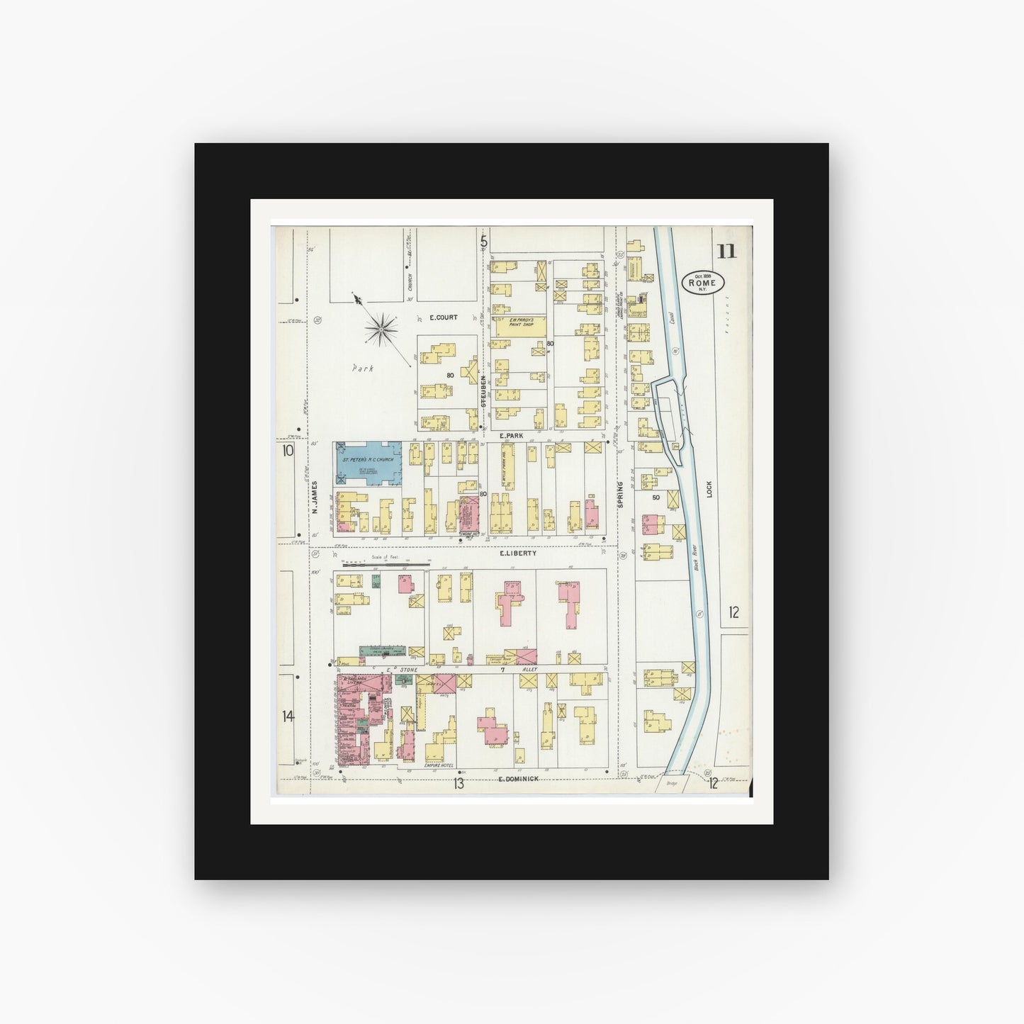 Old map wall art mockup — black gallery frame with white mat — Sanborn Fire Insurance Map from Rome, Oneida County, New York (1899), Sheet #0011