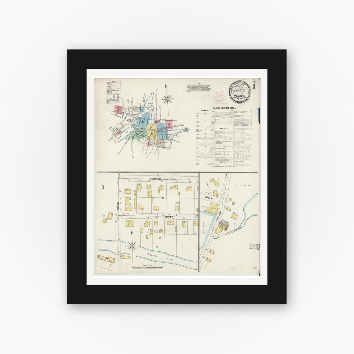 Old map wall art mockup — black gallery frame with white mat — Sanborn Fire Insurance Map from Hudson, Middlesex County, Massachusetts (1897) - Complete Map Set
