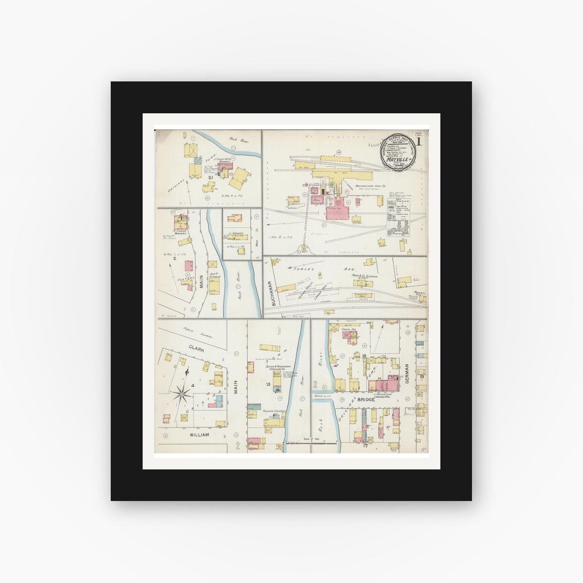 Old map wall art mockup — black gallery frame with white mat — Sanborn Fire Insurance Map from Mayville, Dodge County, Wisconsin (1892), Sheet #0001