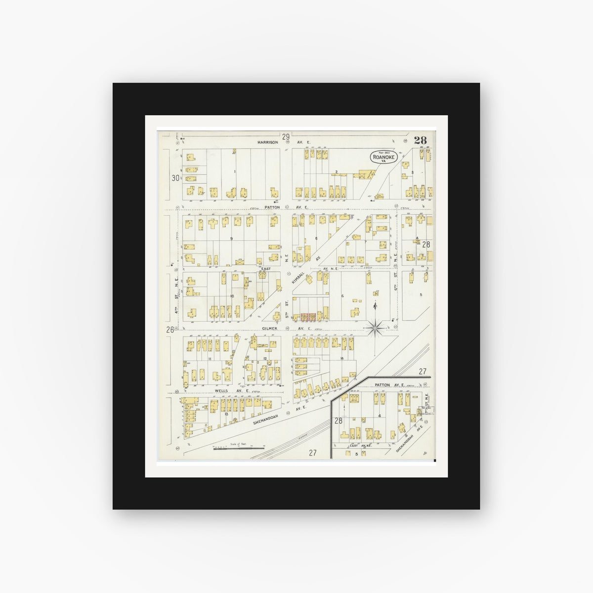 Old map wall art mockup — black gallery frame with white mat — Sanborn Fire Insurance Map from Roanoke, Independent Cities, Virginia (1903), Sheet #0028