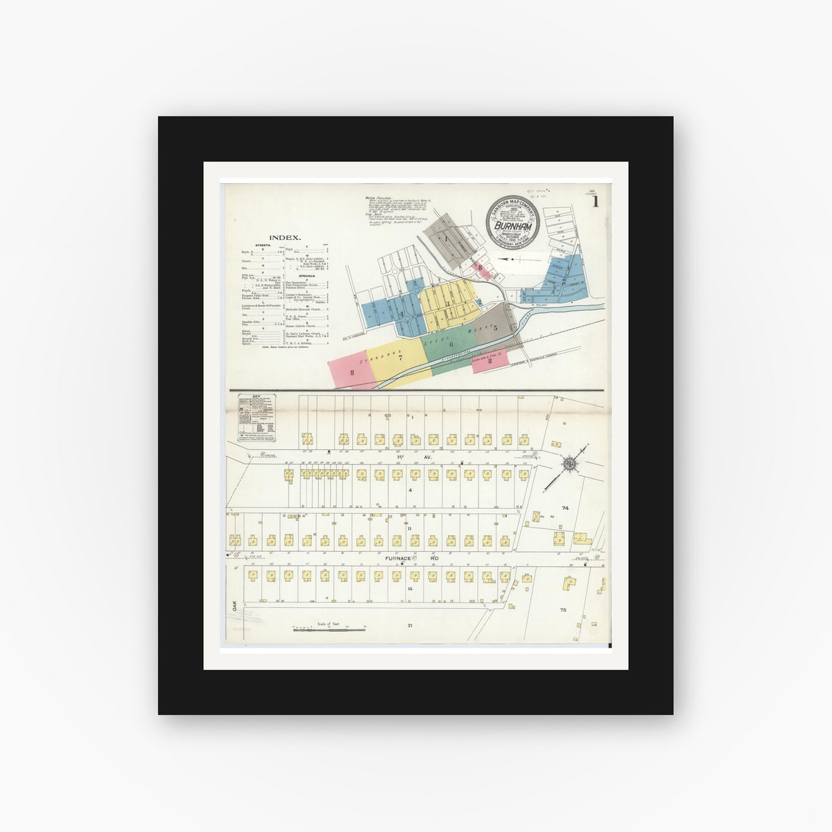 Old map wall art mockup — black gallery frame with white mat — Sanborn Fire Insurance Map from Burnham, Mifflin County, Pennsylvania (1910), Sheet #0001
