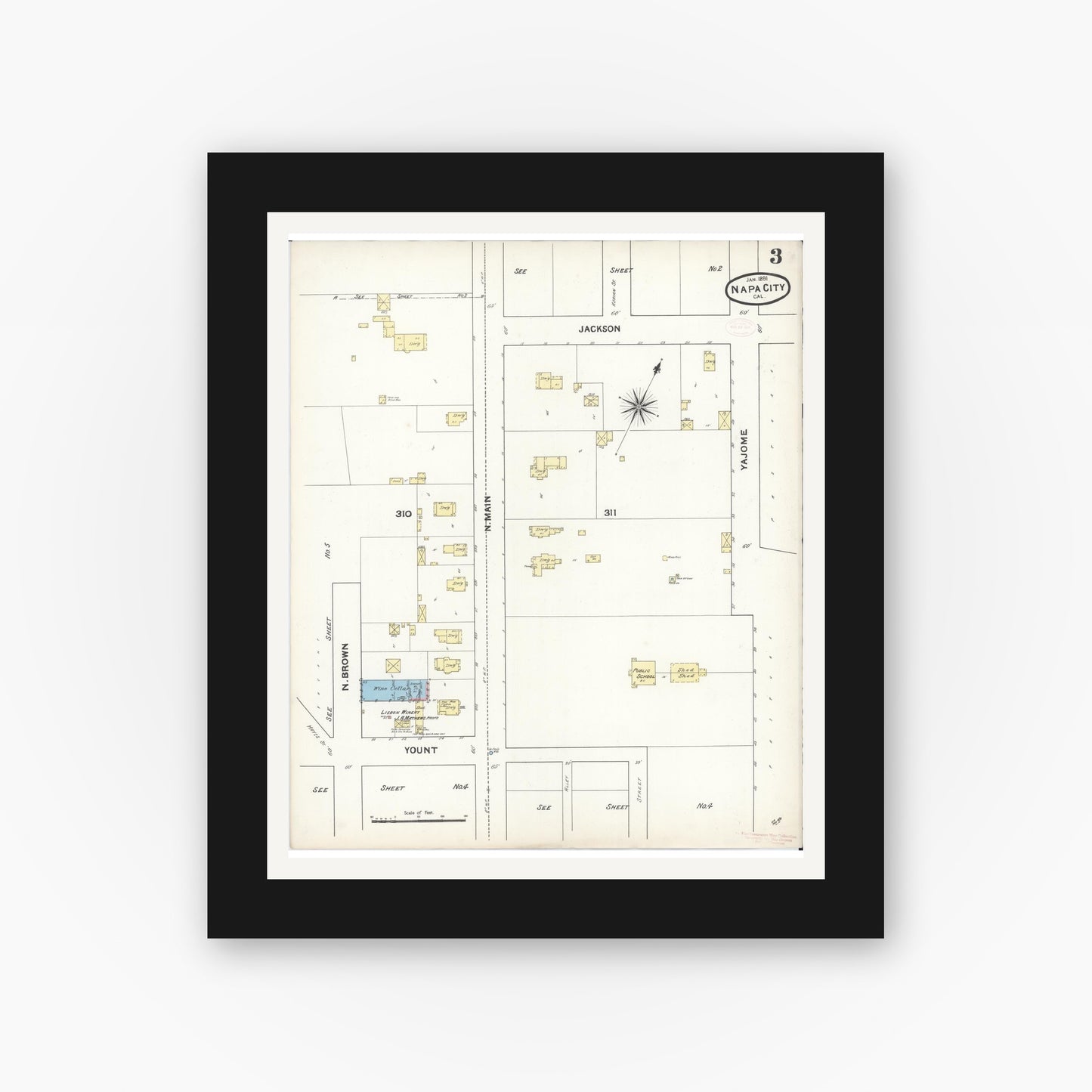 Old map wall art mockup — black gallery frame with white mat — Sanborn Fire Insurance Map from Napa, Napa County, California (1891), Sheet #0003