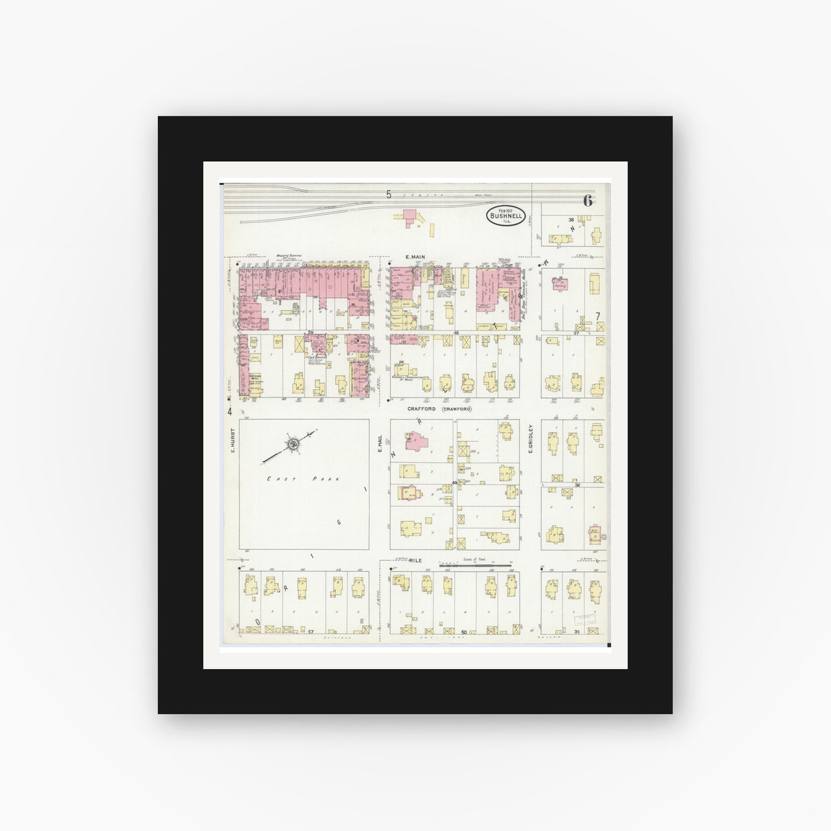 Old map wall art mockup — black gallery frame with white mat — Sanborn Fire Insurance Map from Bushnell, Mcdonough County, Illinois (1912), Sheet #0006