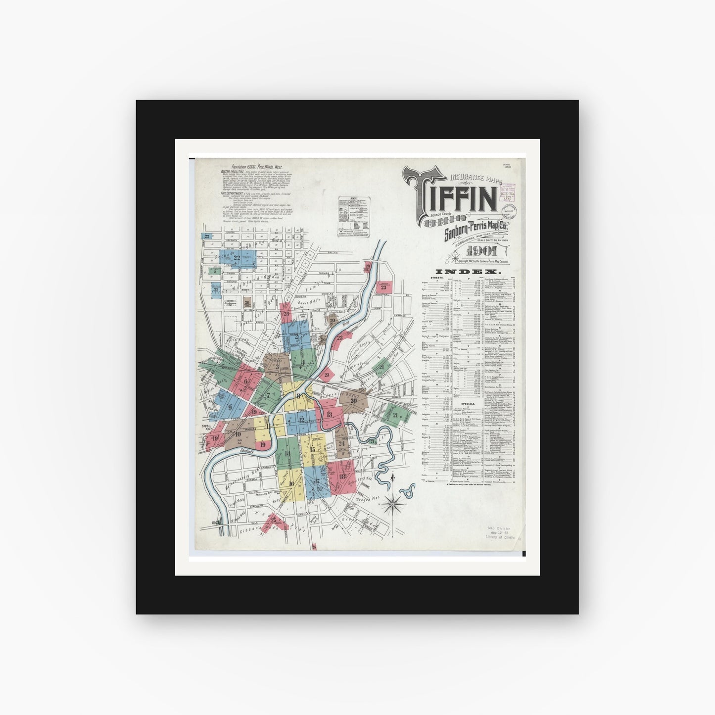 Old map wall art mockup — black gallery frame with white mat — Sanborn Fire Insurance Map from Tiffin, Seneca County, Ohio (1901) - Complete Map Set