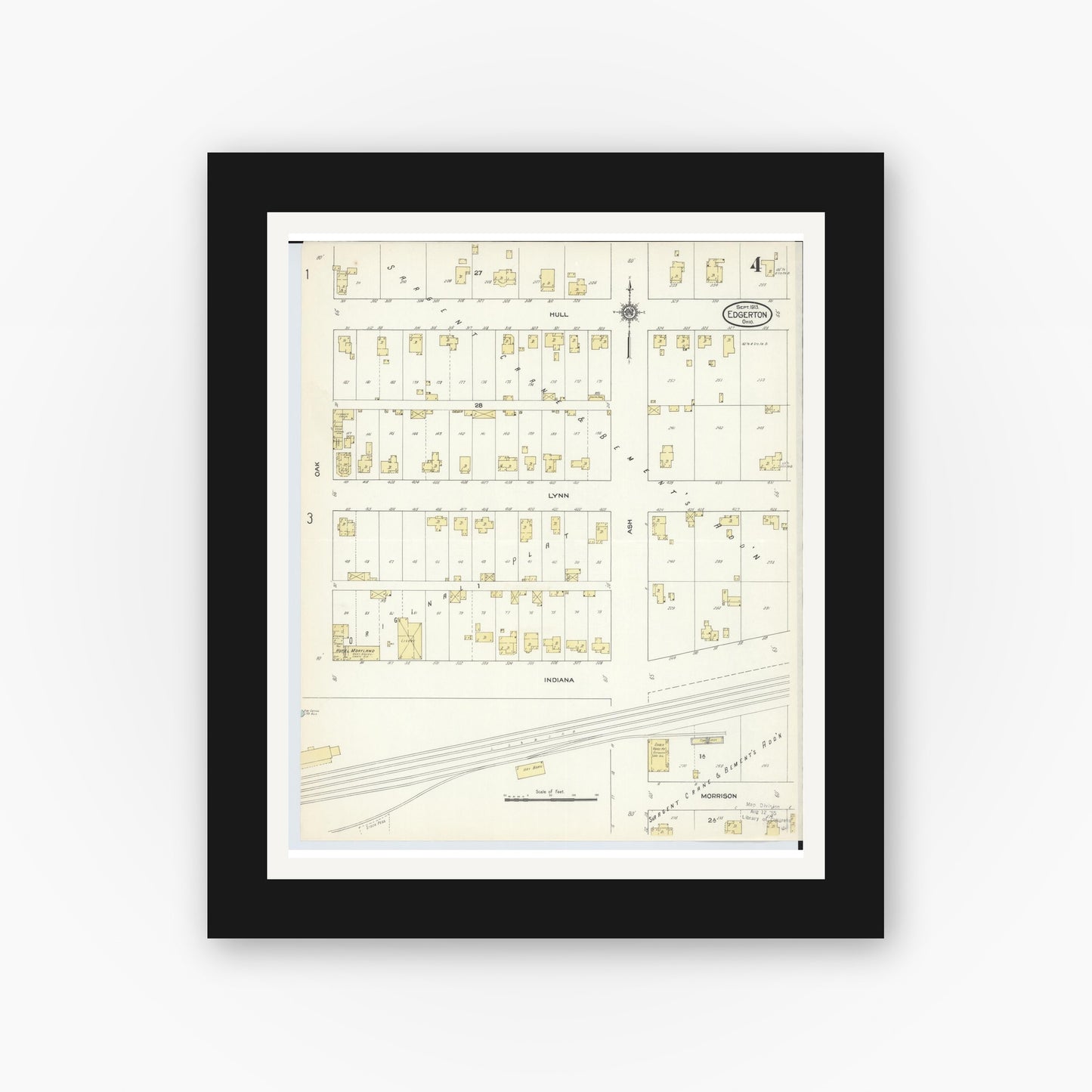 Old map wall art mockup — black gallery frame with white mat — Sanborn Fire Insurance Map from Edgerton, Williams County, Ohio (1913), Sheet #0004