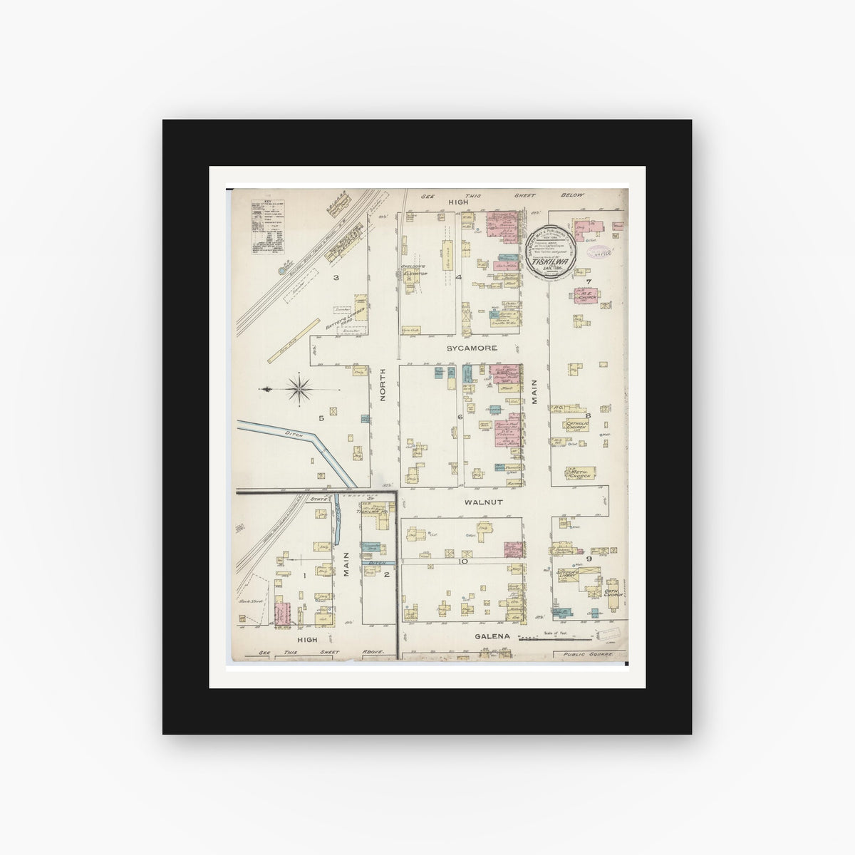 Old map wall art mockup — black gallery frame with white mat — Sanborn Fire Insurance Map from Tiskilwa, Bureau County, Illinois (1886), Sheet #0001