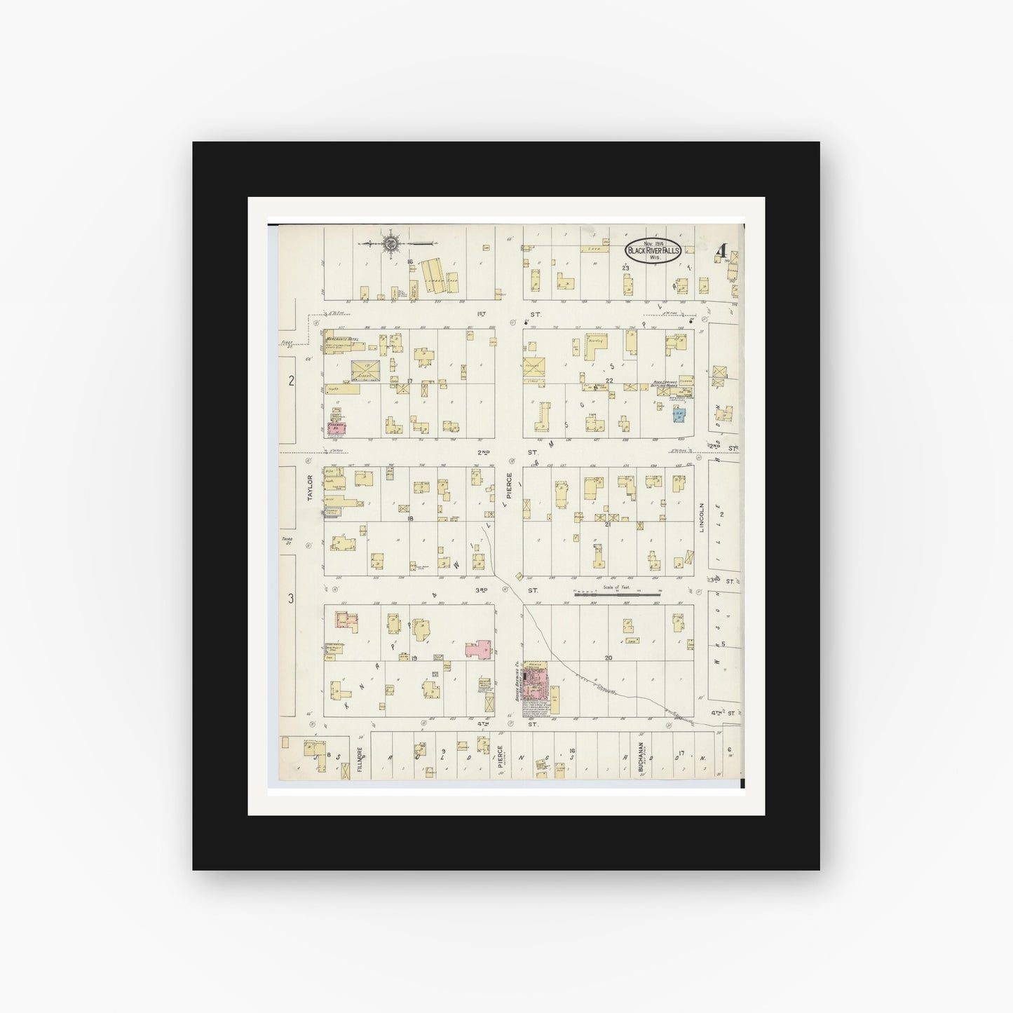 Old map wall art mockup — black gallery frame with white mat — Sanborn Fire Insurance Map from Black River Falls, Jackson County, Wisconsin (1914), Sheet #0004