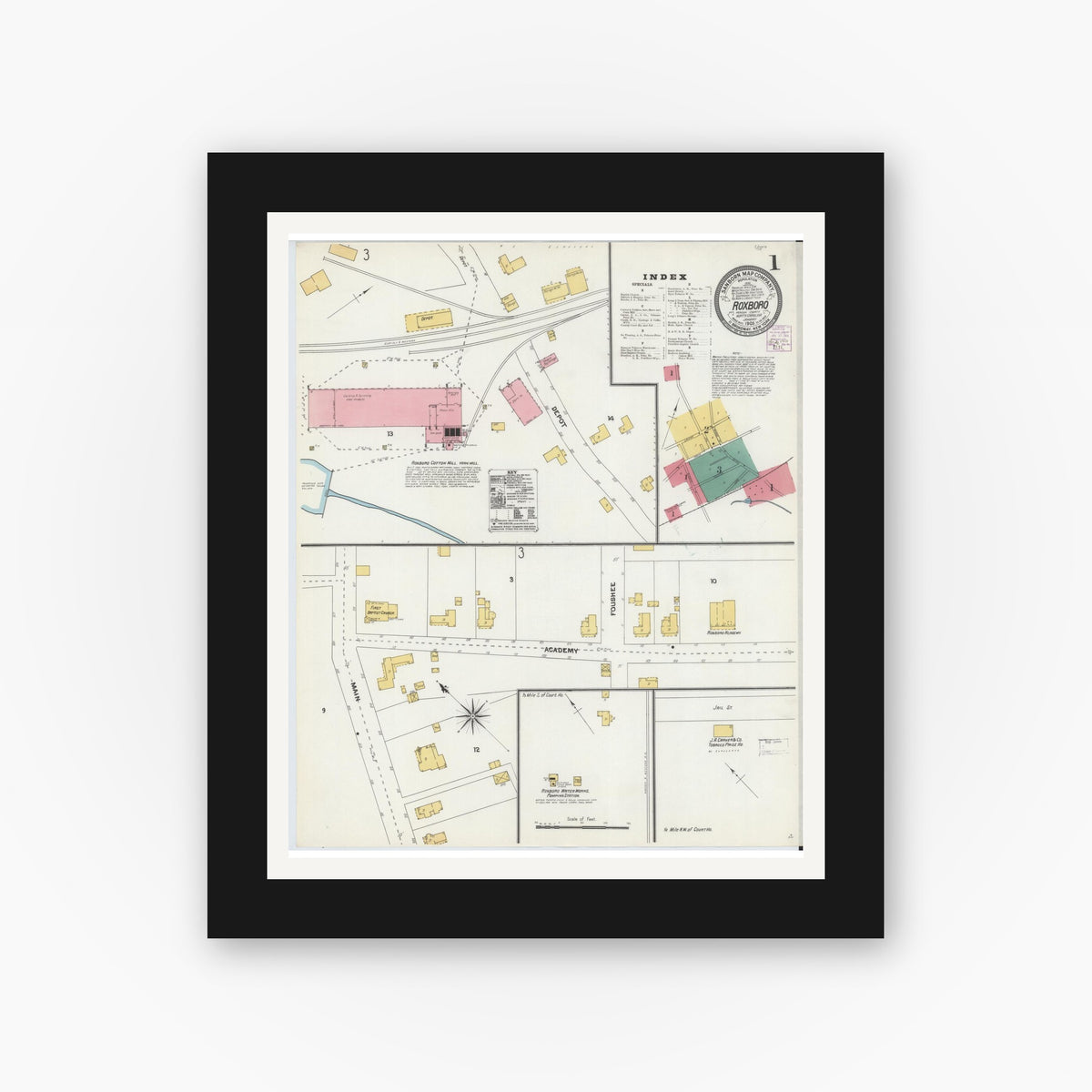 Old map wall art mockup — black gallery frame with white mat — Sanborn Fire Insurance Map from Roxboro, Person County, North Carolina (1905) - Complete Map Set