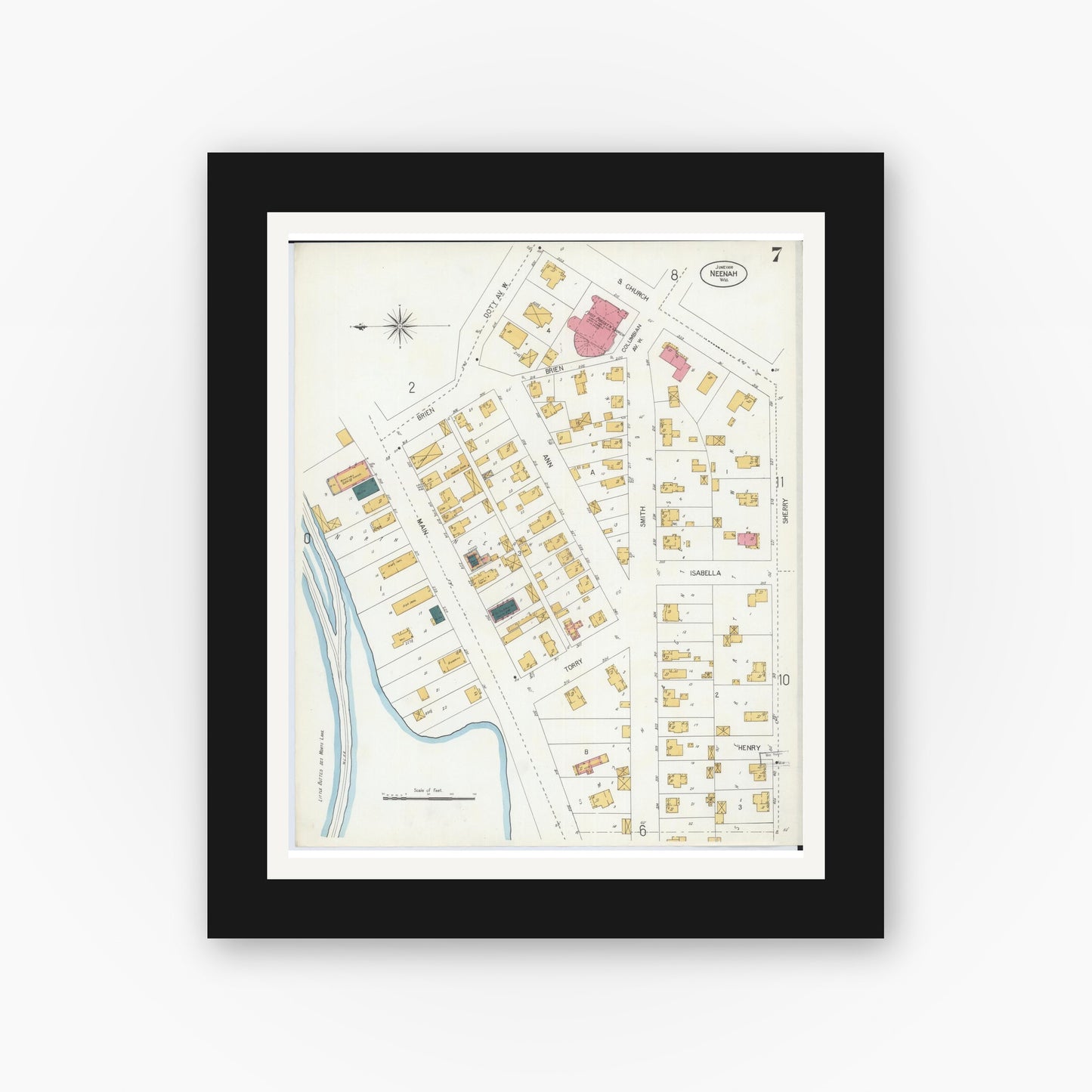 Old map wall art mockup — black gallery frame with white mat — Sanborn Fire Insurance Map from Neenah, Winnebago County, Wisconsin (1906), Sheet #0007