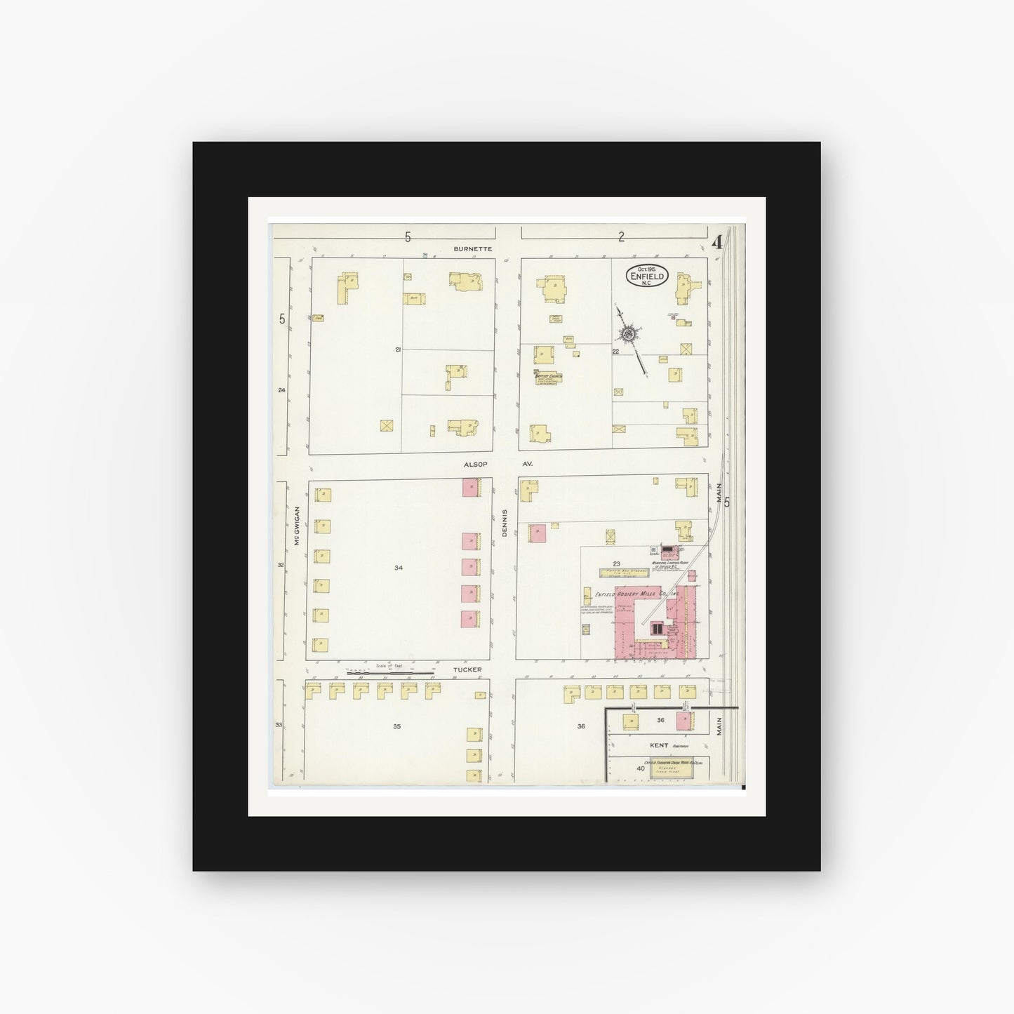 Old map wall art mockup — black gallery frame with white mat — Sanborn Fire Insurance Map from Enfield, Halifax County, North Carolina (1915), Sheet #0004