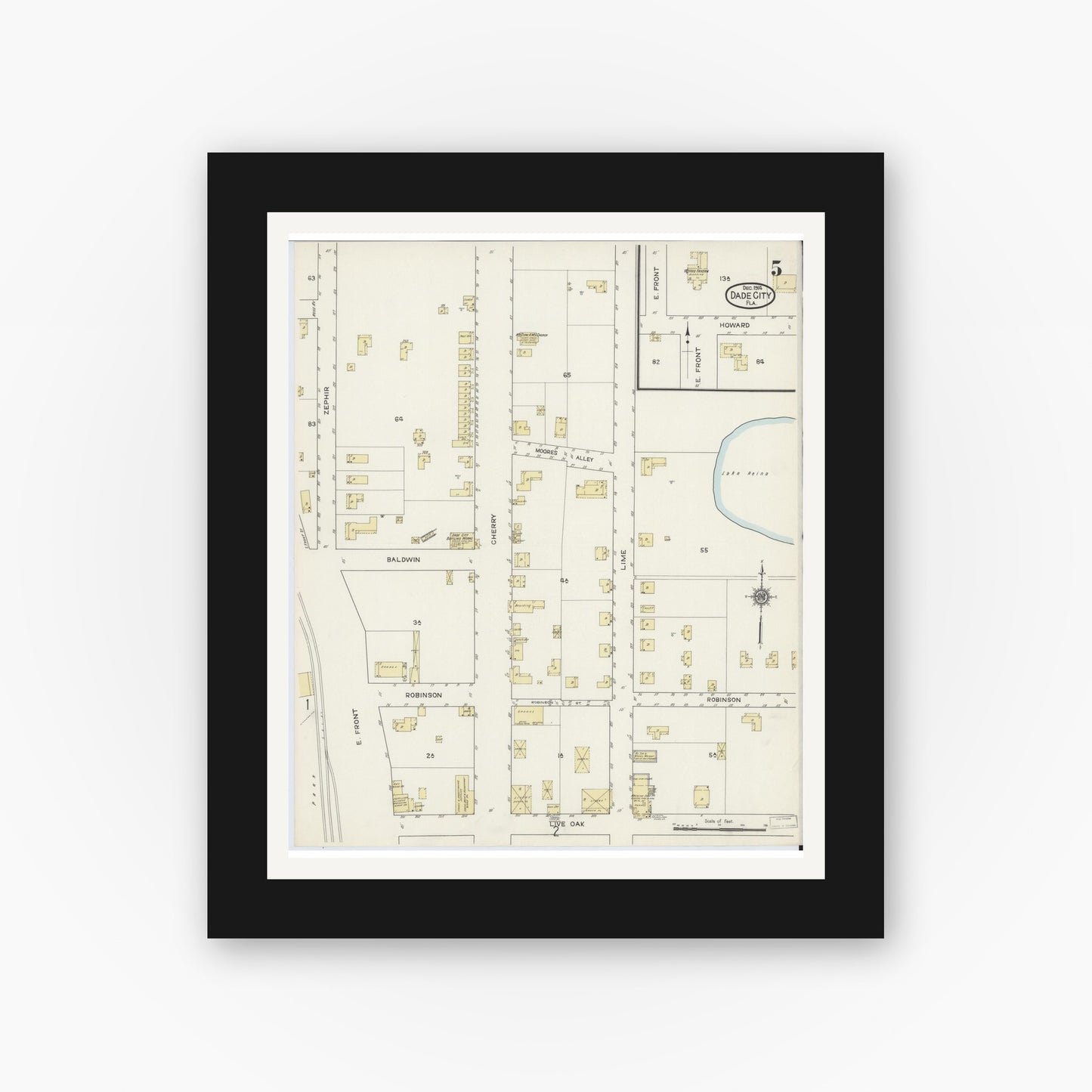 Old map wall art mockup — black gallery frame with white mat — Sanborn Fire Insurance Map from Dade City, Pasco County, Florida (1914), Sheet #0005