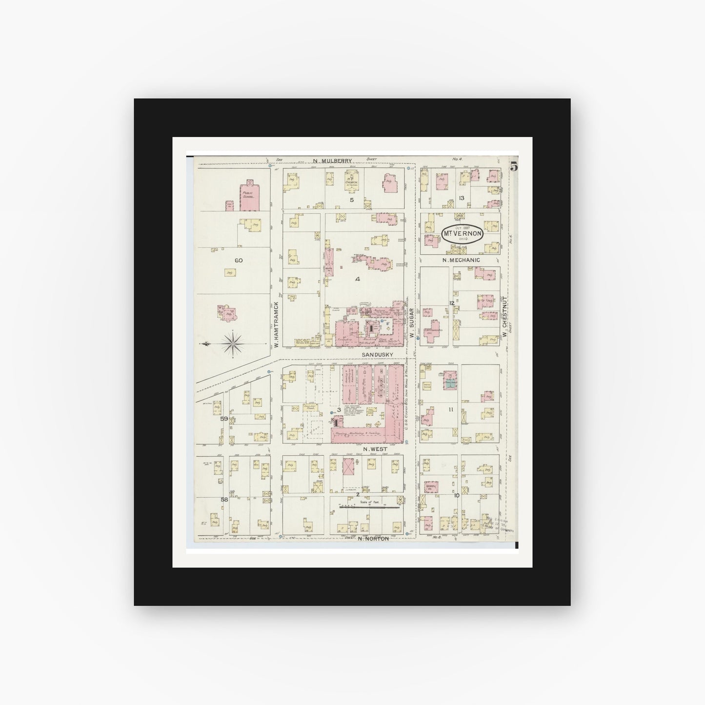 Old map wall art mockup — black gallery frame with white mat — Sanborn Fire Insurance Map from Mount Vernon, Knox County, Ohio (1887), Sheet #0005
