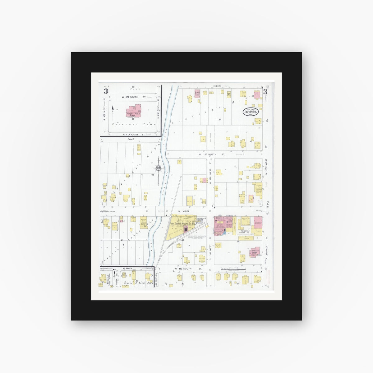 Old map wall art mockup — black gallery frame with white mat — Sanborn Fire Insurance Map from Jackson, Cape Girardeau County, Missouri (1931), Sheet #0003