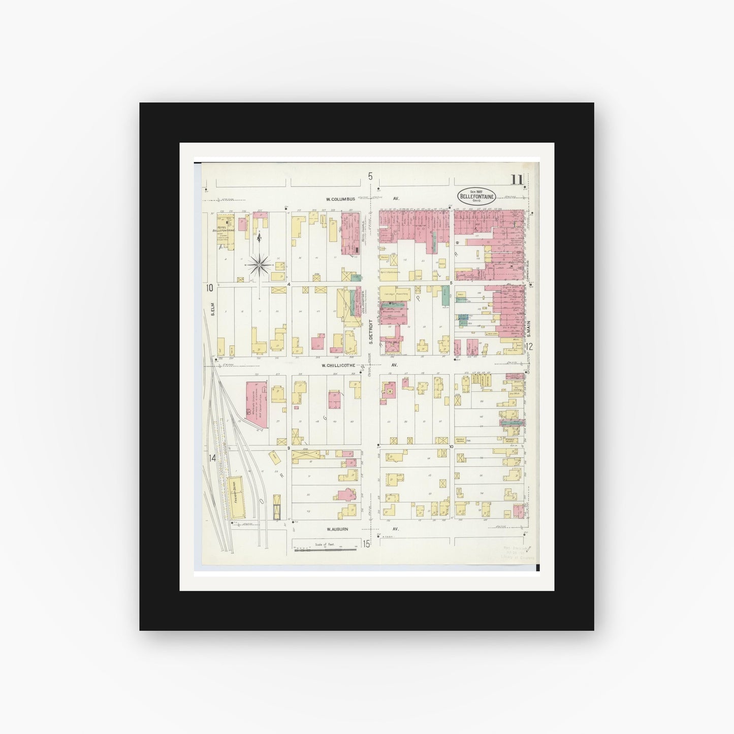 Old map wall art mockup — black gallery frame with white mat — Sanborn Fire Insurance Map from Bellefontaine, Logan County, Ohio (1907), Sheet #0011