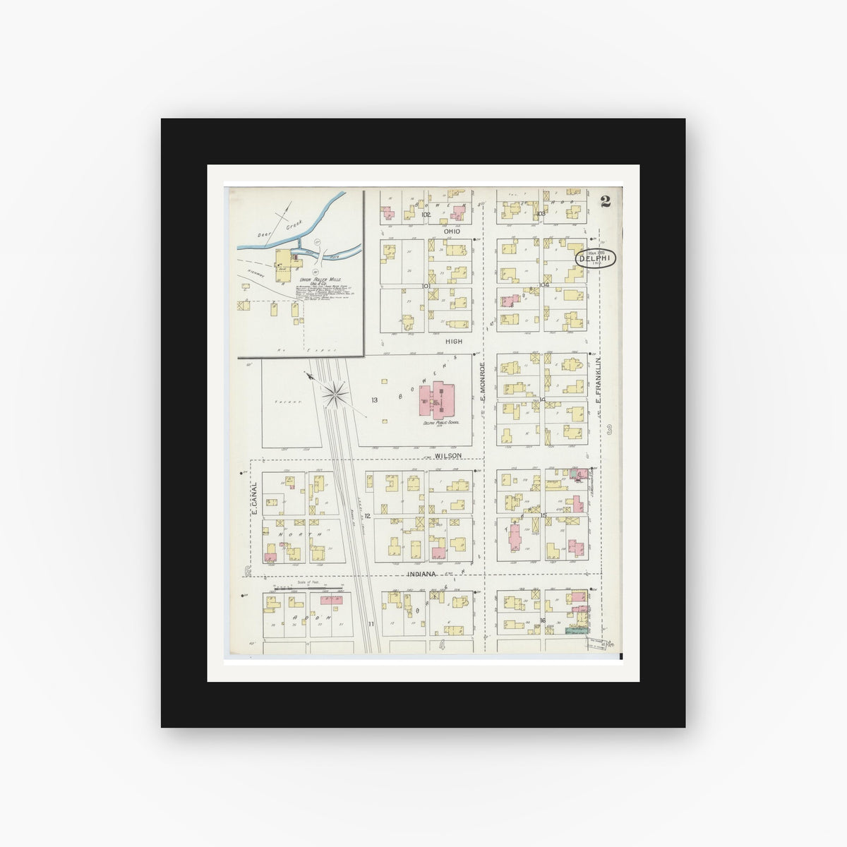 Old map wall art mockup — black gallery frame with white mat — Sanborn Fire Insurance Map from Delphi, Carroll County, Indiana (1893), Sheet #0002