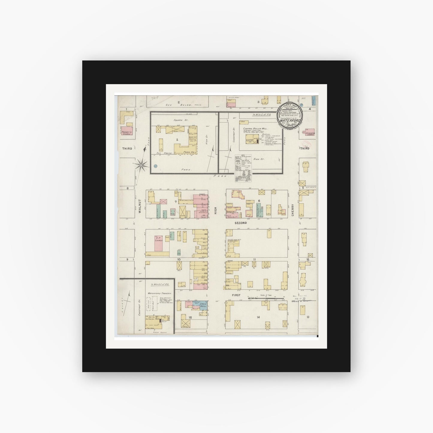 Old map wall art mockup — black gallery frame with white mat — Sanborn Fire Insurance Map from Waterford, Erie County, Pennsylvania (1895), Sheet #0001