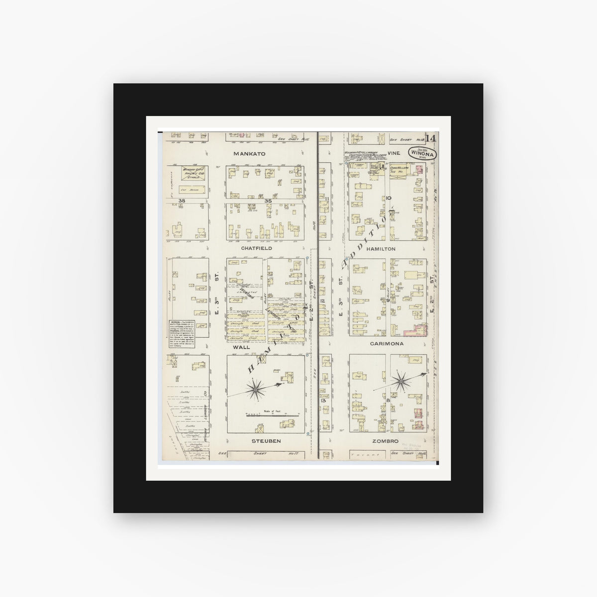 Old map wall art mockup — black gallery frame with white mat — Sanborn Fire Insurance Map from Winona, Winona County, Minnesota (1884), Sheet #0014