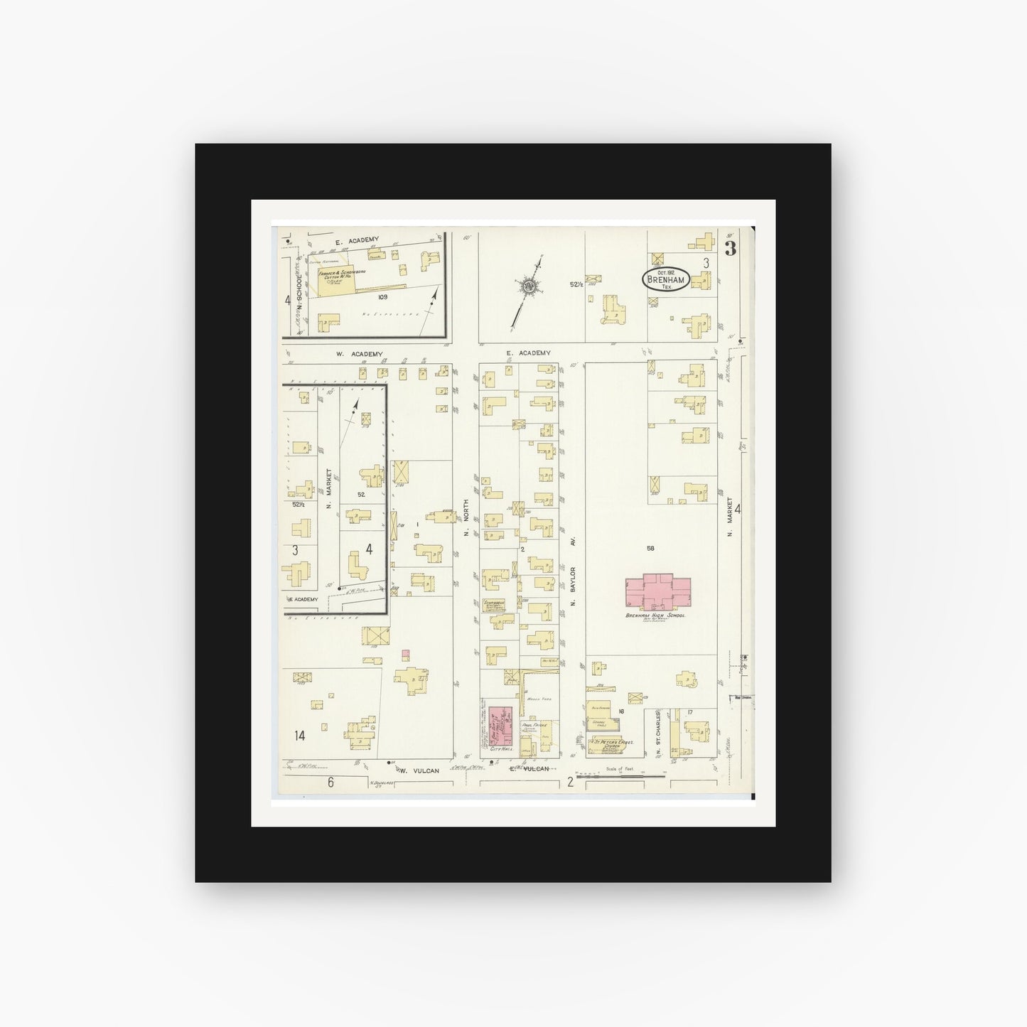 Old map wall art mockup — black gallery frame with white mat — Sanborn Fire Insurance Map from Brenham, Washington County, Texas (1912), Sheet #0003