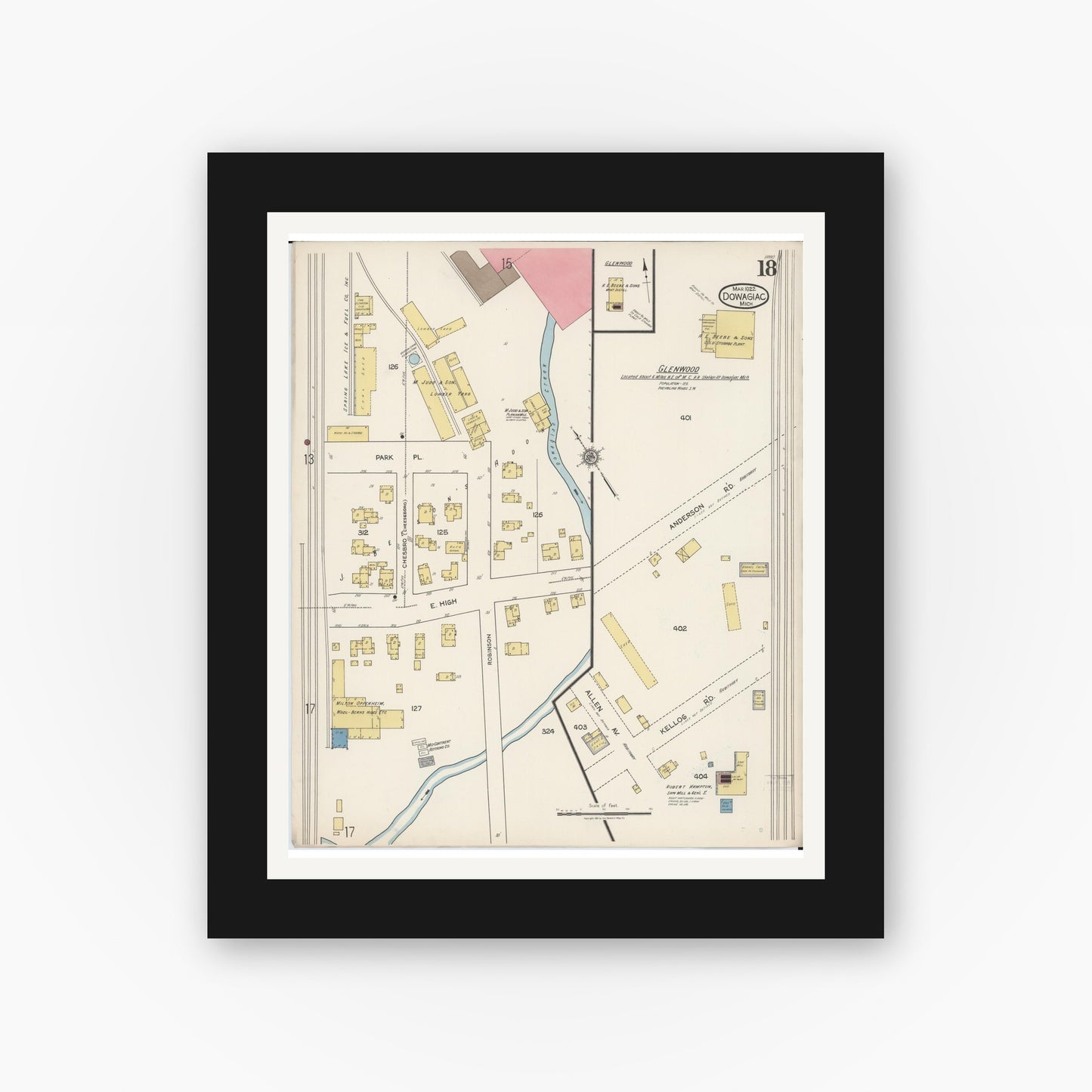 Old map wall art mockup — black gallery frame with white mat — Sanborn Fire Insurance Map from Dowagiac, Cass County, Michigan (1922), Sheet #0018