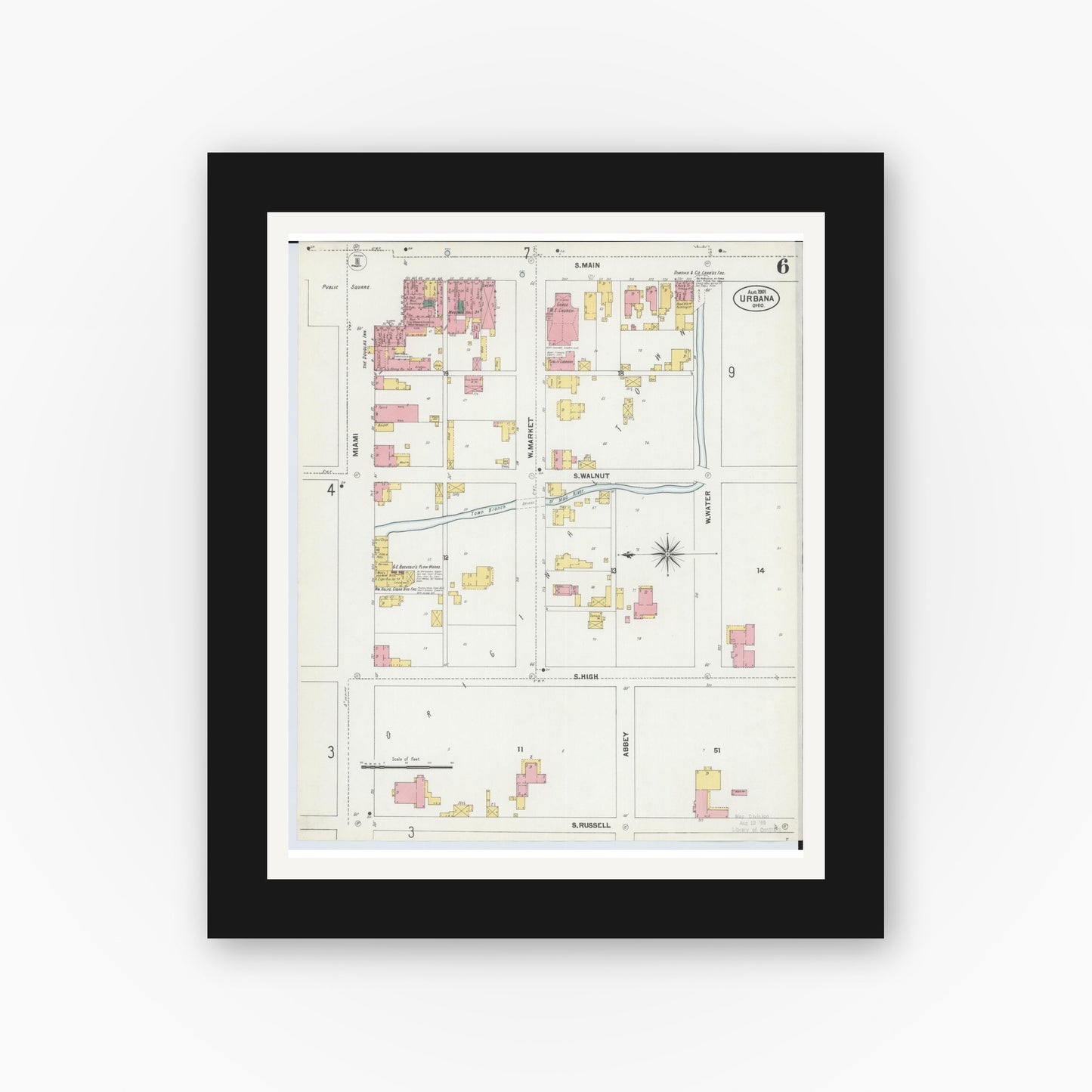 Old map wall art mockup — black gallery frame with white mat — Sanborn Fire Insurance Map from Urbana, Champaign County, Ohio (1901), Sheet #0006