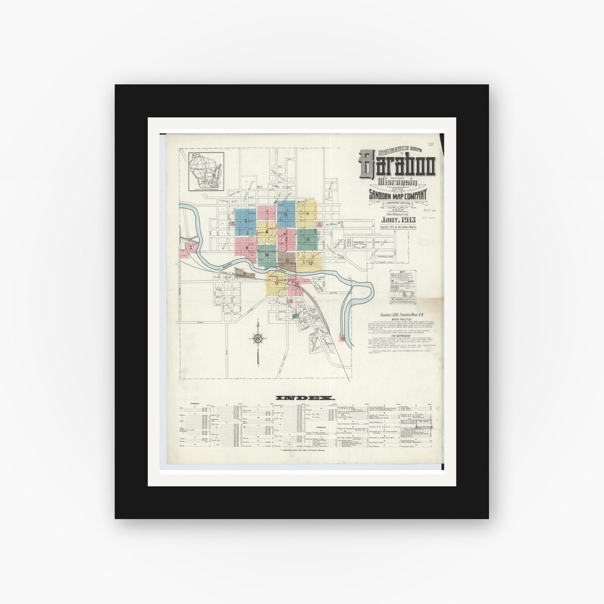 Old map wall art mockup — black gallery frame with white mat — Sanborn Fire Insurance Map from Baraboo, Sauk County, Wisconsin (1913), Sheet #0001