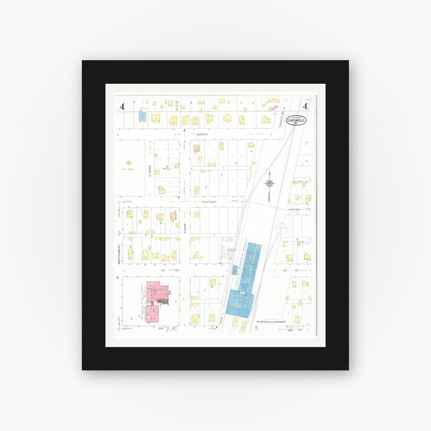 Old map wall art mockup — black gallery frame with white mat — Sanborn Fire Insurance Map from Griswold, Cass County, Iowa (1930), Sheet #0004