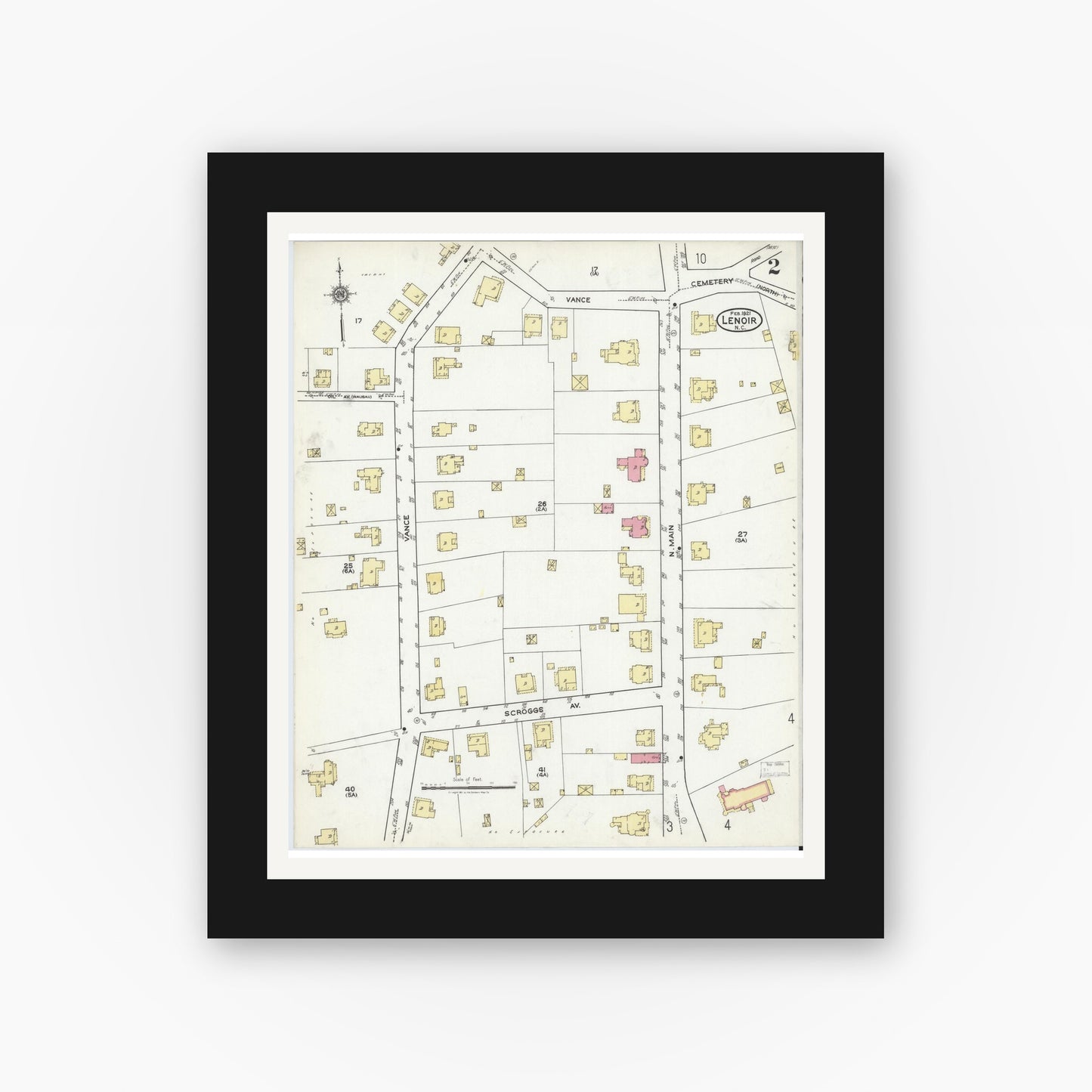 Old map wall art mockup — black gallery frame with white mat — Sanborn Fire Insurance Map from Lenoir, Caldwell County, North Carolina (1921), Sheet #0002