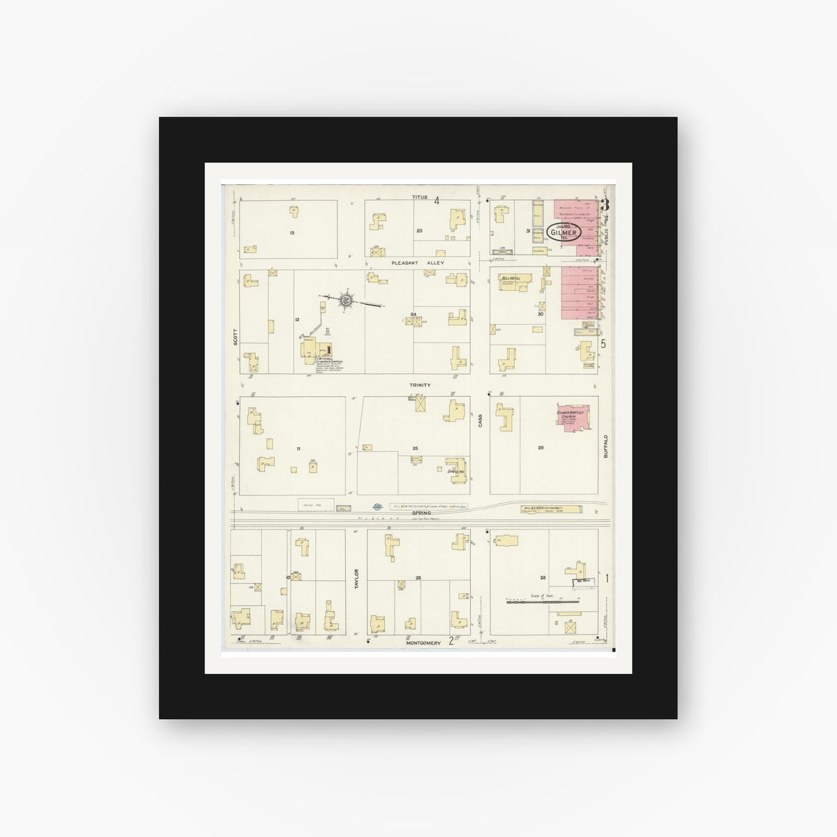 Old map wall art mockup — black gallery frame with white mat — Sanborn Fire Insurance Map from Gilmer, Upshur County, Texas (1912), Sheet #0003